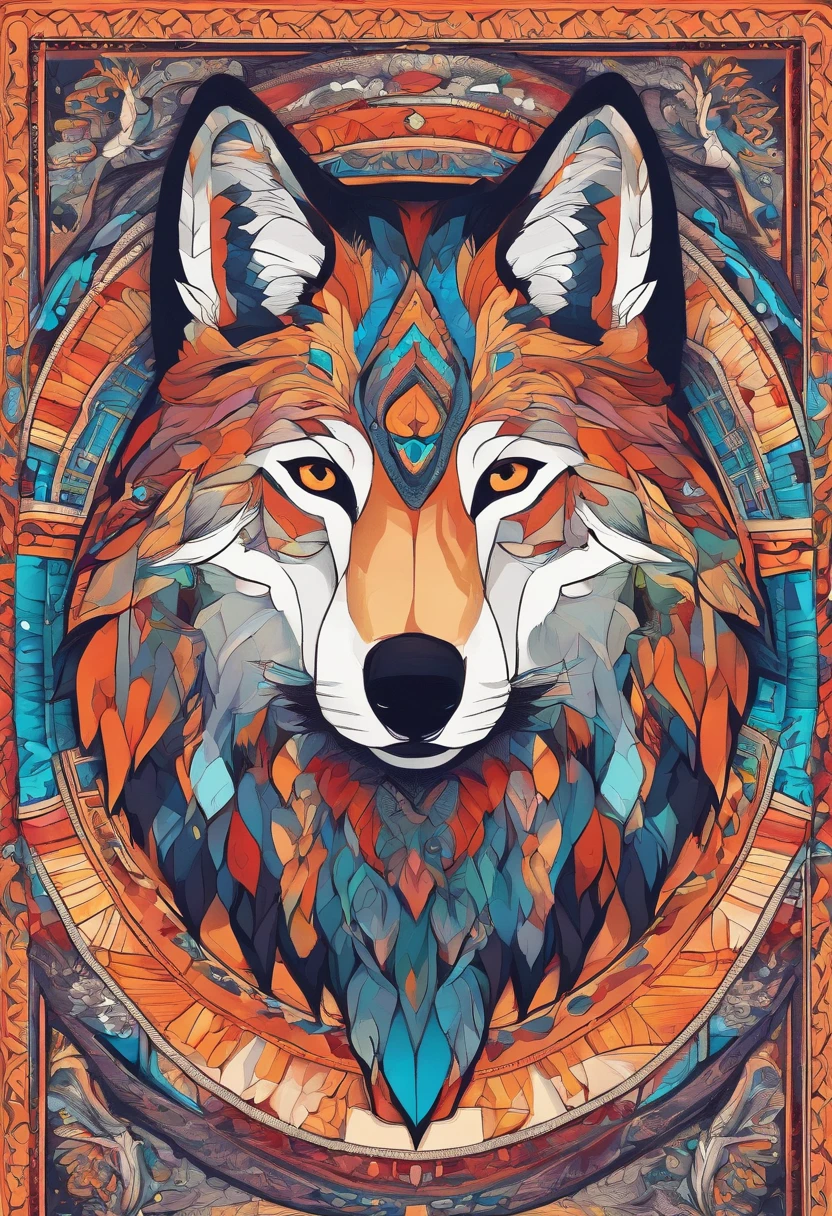 Vivid color painting of a mandala with a simple and cute wolf motif