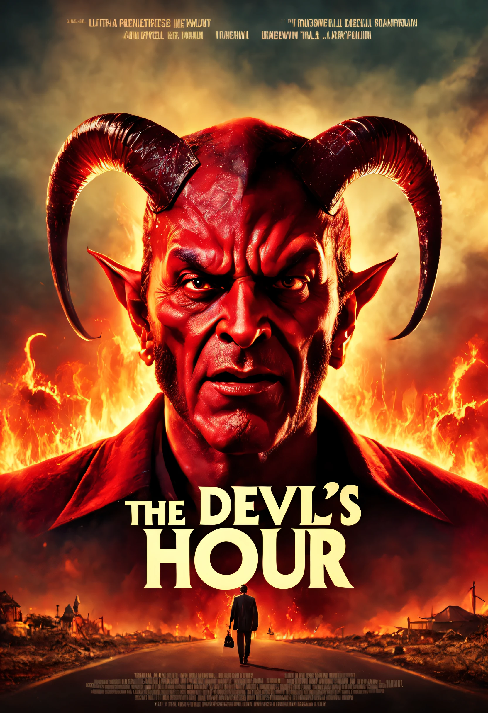 best quality, 4k, 8k, high resolution, masterpiece: 1.2), ultra detailed, (realistic, photorealistic, photorealistic: 1.37), movie poster titled "The Devil's Hour",  title, lyrics and credits