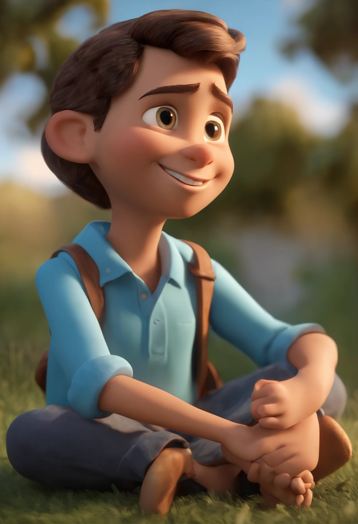 personagem dos desenhos animados de um de 7 anos, olhos castanhos, usando camisa azul, animation character, Caractere estilizado, animation style rendering, 3D estilizado, Arnold Maya render, 3 d render stylized, toon render keyshot, Personagem 3D, Personagem 3D, 3d rendering stylized, 3 d character render, personagem de desenho animado, Personagem de close up, Pose de personagem, (Estilo Pixar) (master part:1.2) (Bokeh) (best quality) (pele detalhada) (textura detalhada) (8k) (argila) (Cinematic lighting) (foco nítido