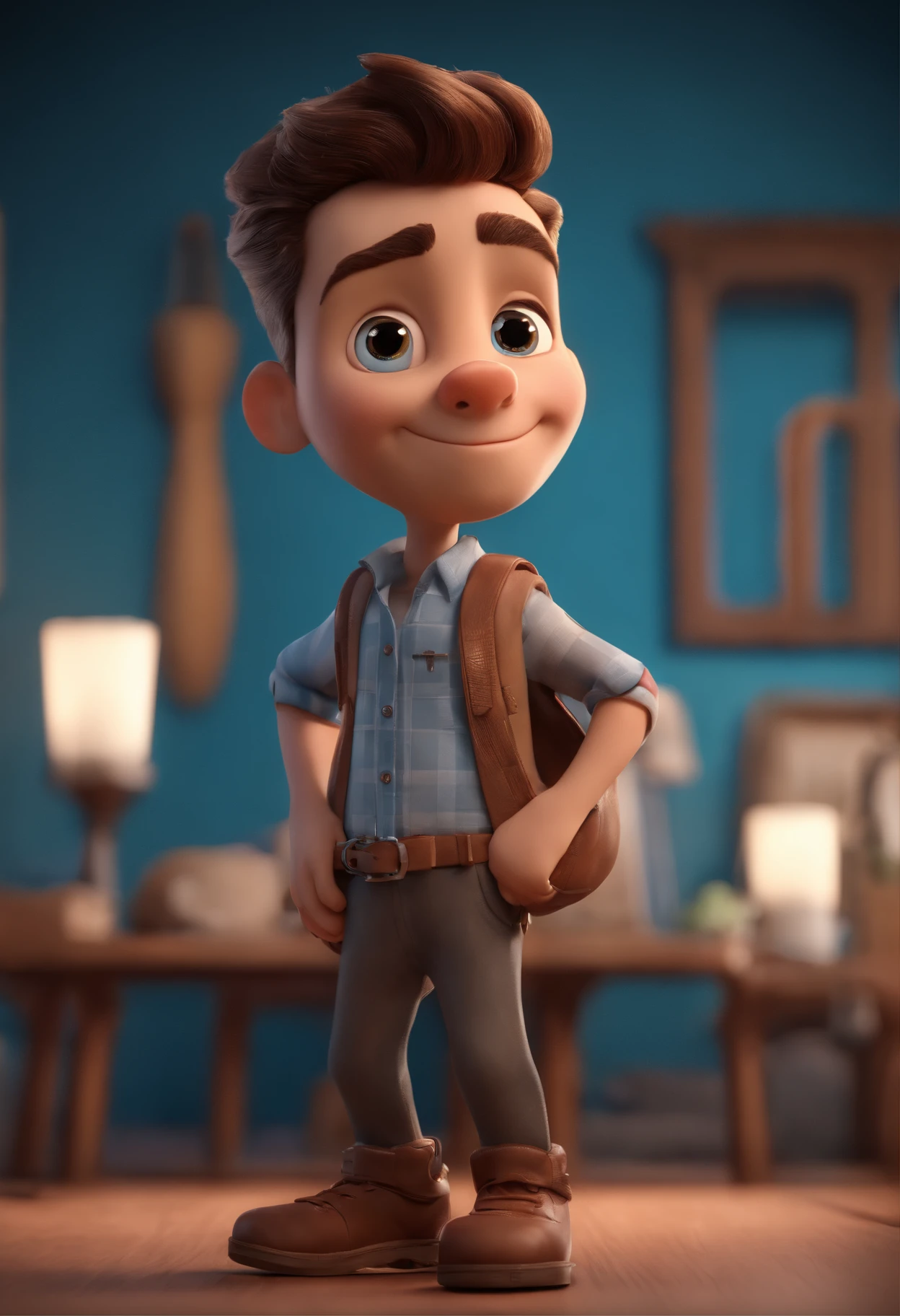 personagem dos desenhos animados de um menino de 7 anos, olhos castanhos, usando camisa azul, animation character, Caractere estilizado, animation style rendering, 3D estilizado, Arnold Maya render, 3 d render stylized, toon render keyshot, Personagem 3D, Personagem 3D, 3d rendering stylized, 3 d character render, personagem de desenho animado, Personagem de close up, Pose de personagem, (Estilo Pixar) (master part:1.2) (Bokeh) (best quality) (pele detalhada) (textura detalhada) (8k) (argila) (Cinematic lighting) (foco nítido