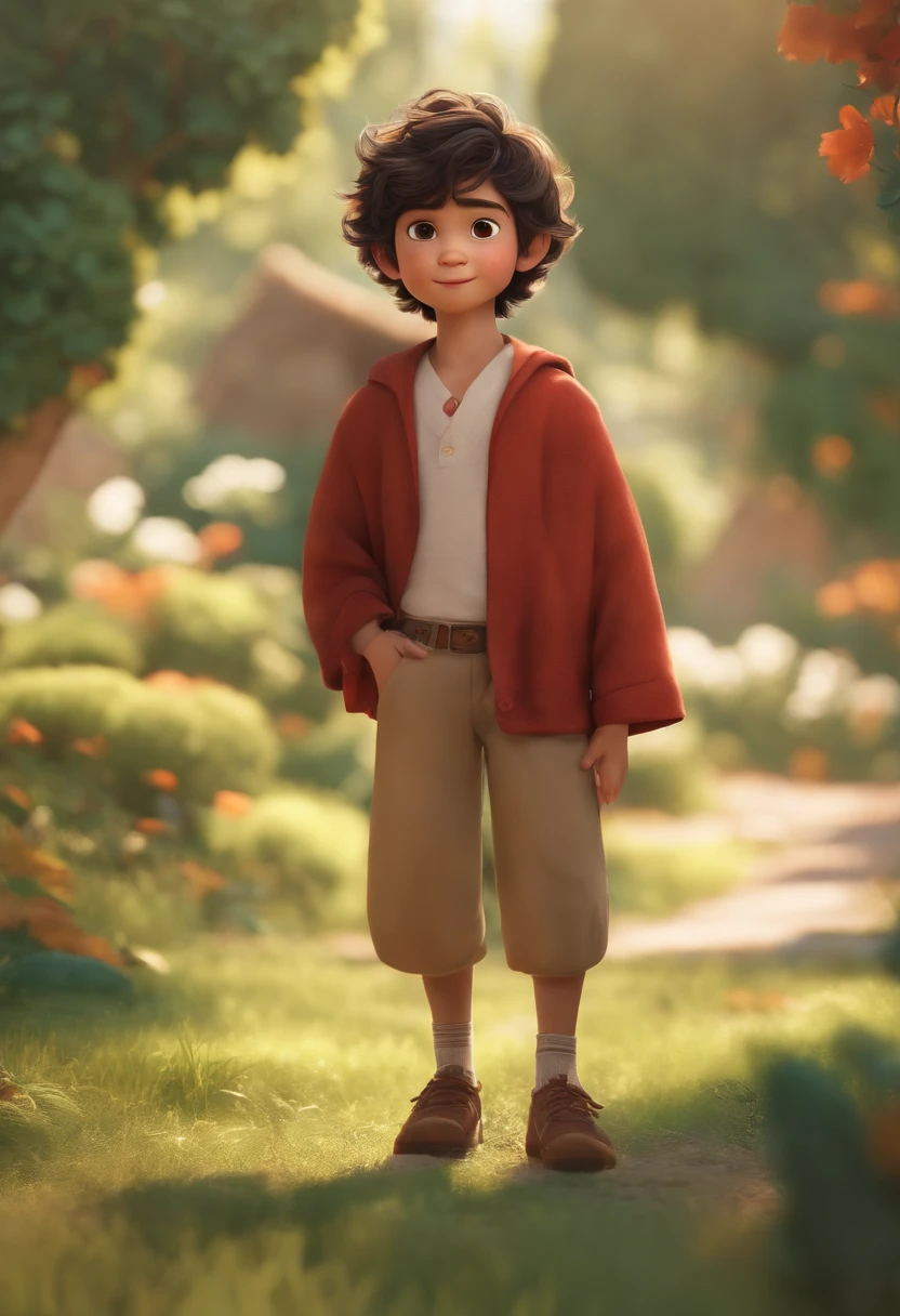 Image of a boy for a story in a YouTube video in Pixar format, He's the little allabester, He's the class leader, He's outgoing, He looks like a Japanese man, Playful and gets up for a lot of things, cabelo curto