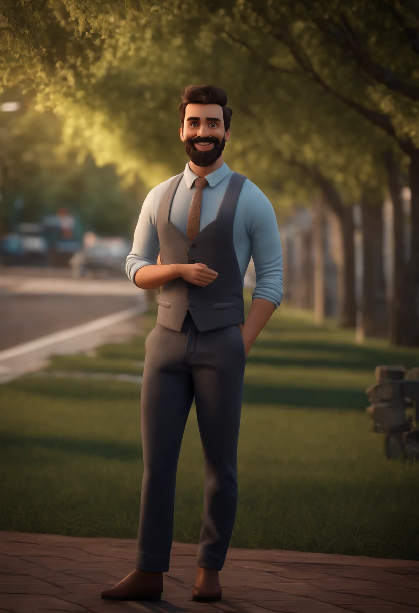 The image features a man with a beard and mustache, wearing a white shirt, standing outside near a fence. He appears to be smiling and looking at the camera. The man is positioned in front of a building, and there are trees in the background. The scene seems to be captured on a cloudy day, with the sky visible above the man. uma camisa azul, um personagem animado, Caractere estilizado, animation style rendering, 3D estilizado, Arnold Maya render, 3 d render stylized, toon render keyshot, Personagem 3D, Personagem 3D, 3d rendering stylized, 3 d character render, personagem de desenho animado, Personagem de close up, Pose de personagem, (Estilo Pixar) (master part:1.2) (Bokeh) (best quality) (pele detalhada) (textura detalhada) (8k) (argila) (Cinematic lighting) (foco nítido,Senta e vaza a parte superior do corpo