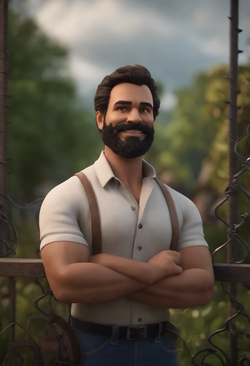 The image features a man with a beard and mustache, wearing a white shirt, standing outside near a fence. He appears to be smiling and looking at the camera. The man is positioned in front of a building, and there are trees in the background. The scene seems to be captured on a cloudy day, with the sky visible above the man. uma camisa azul, um personagem animado, Caractere estilizado, animation style rendering, 3D estilizado, Arnold Maya render, 3 d render stylized, toon render keyshot, Personagem 3D, Personagem 3D, 3d rendering stylized, 3 d character render, personagem de desenho animado, Personagem de close up, Pose de personagem, (Estilo Pixar) (master part:1.2) (Bokeh) (best quality) (pele detalhada) (textura detalhada) (8k) (argila) (Cinematic lighting) (foco nítido,Senta e vaza a parte superior do corpo