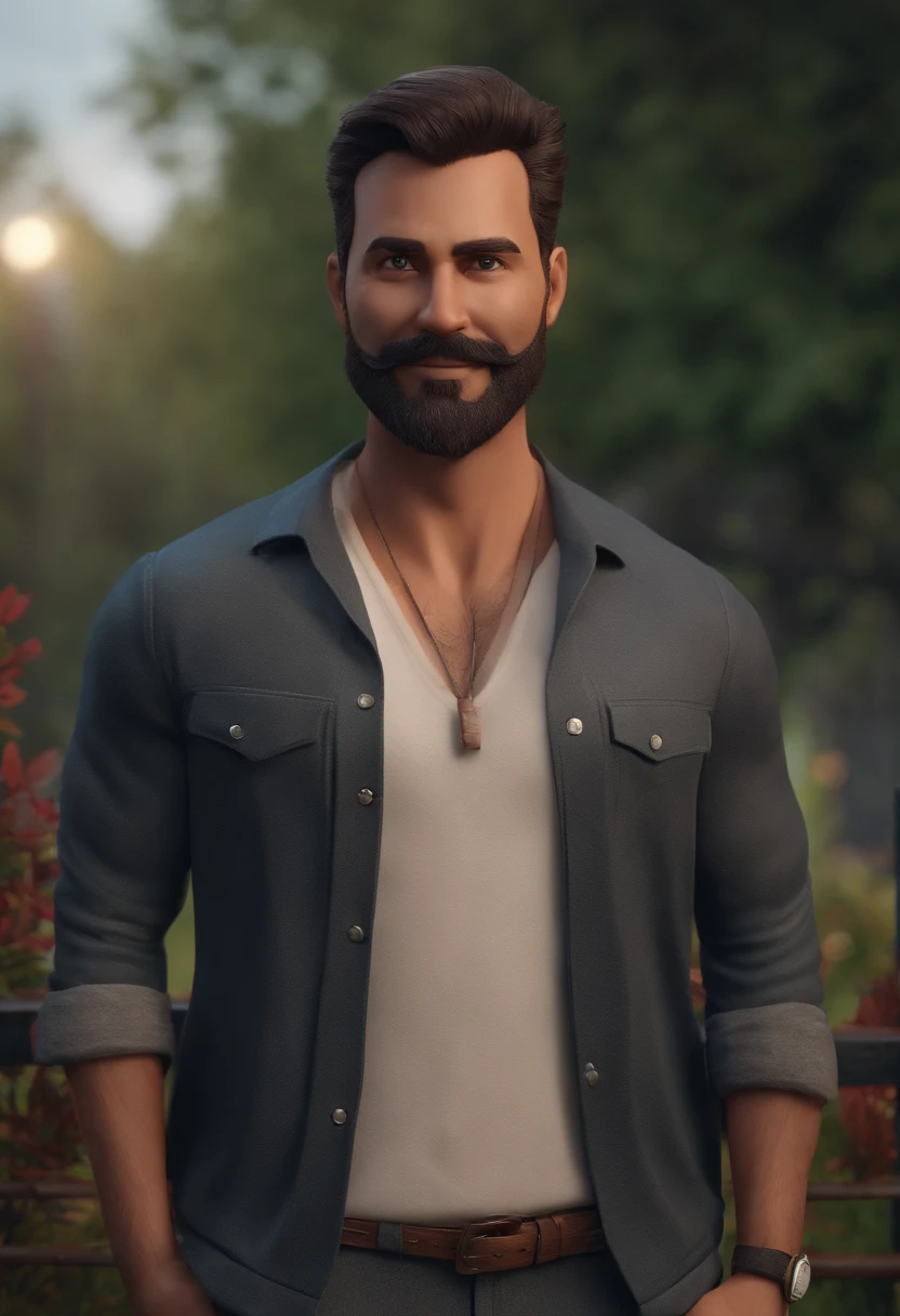 The image features a man with a beard and mustache, wearing a white shirt, standing outside near a fence. He appears to be smiling and looking at the camera. The man is positioned in front of a building, and there are trees in the background. The scene seems to be captured on a cloudy day, with the sky visible above the man. uma camisa azul, um personagem animado, Caractere estilizado, animation style rendering, 3D estilizado, Arnold Maya render, 3 d render stylized, toon render keyshot, Personagem 3D, Personagem 3D, 3d rendering stylized, 3 d character render, personagem de desenho animado, Personagem de close up, Pose de personagem, (Estilo Pixar) (master part:1.2) (Bokeh) (best quality) (pele detalhada) (textura detalhada) (8k) (argila) (Cinematic lighting) (foco nítido，Senta e vaza a parte superior do corpo