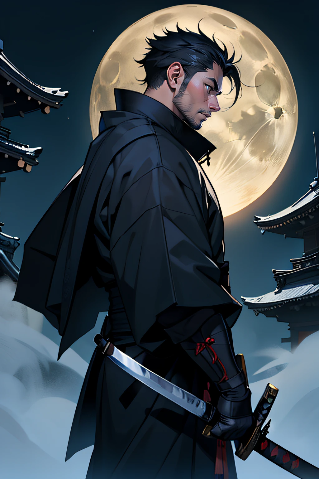 (Masterpiece, Best Quality), 8k Wallpaper, highly detailed, ronin, samurai, katana, japan, night, moonlight, vector style art.