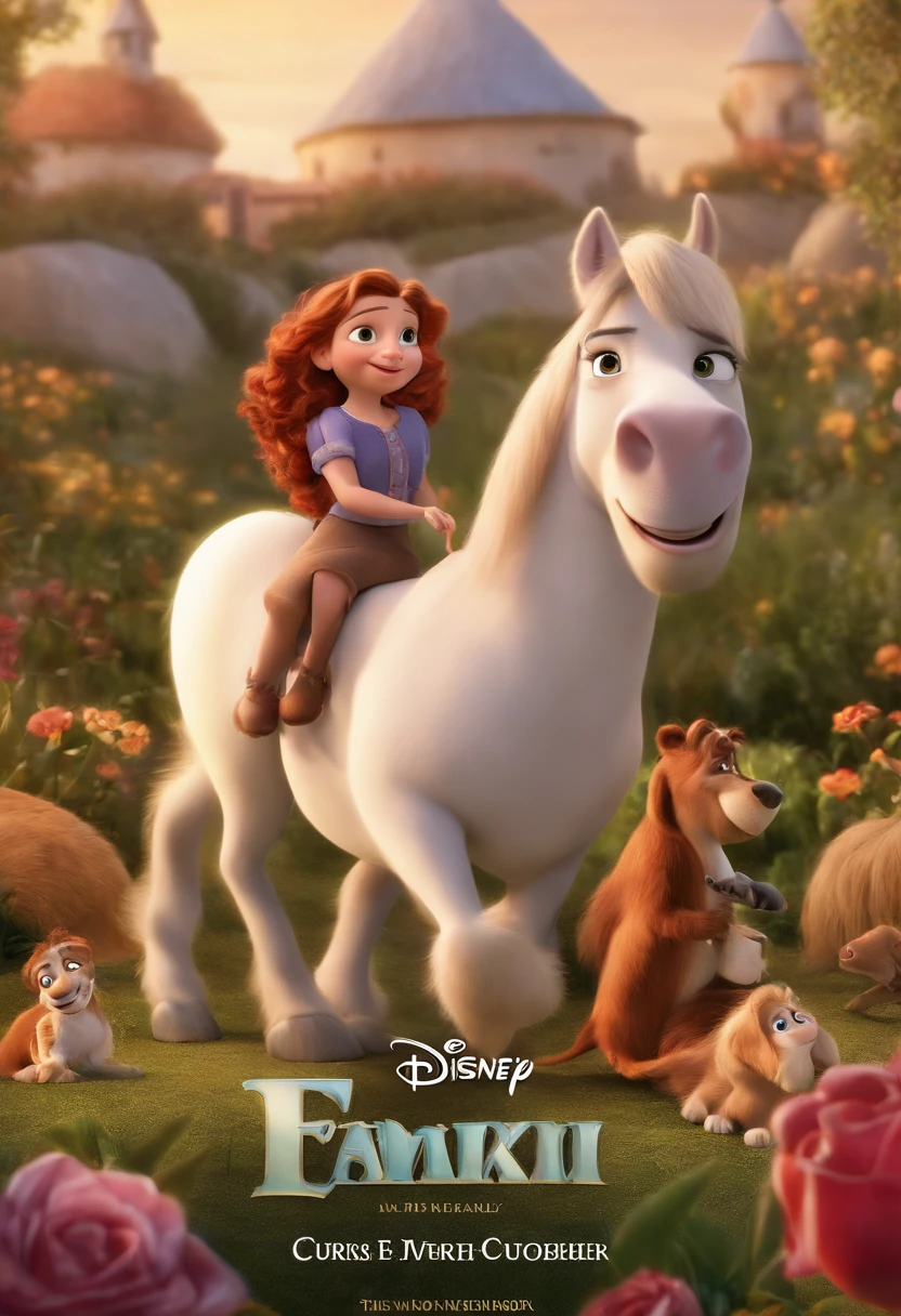 a Disney Pixar movie poster showing a white-skinned family. The father is the tallest, Tem barba curta, loiro, cabelos curtos e espinhosos. The mother has brown eyes and hair, shoulder-length and is slightly overweight. A menina tem 4 anos e cabelos castanhos, roupa rosa e rabos de cavalo. The background is a beach garden. 3D-rendering