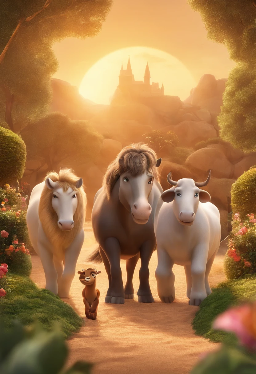 a Disney Pixar movie poster showing a white-skinned family. The father is the tallest, Tem barba curta, loiro, cabelos curtos e espinhosos. The mother has brown eyes and hair, shoulder-length and is slightly overweight. A menina tem 4 anos e cabelos castanhos, roupa rosa e rabos de cavalo. The background is a beach garden. 3D-rendering