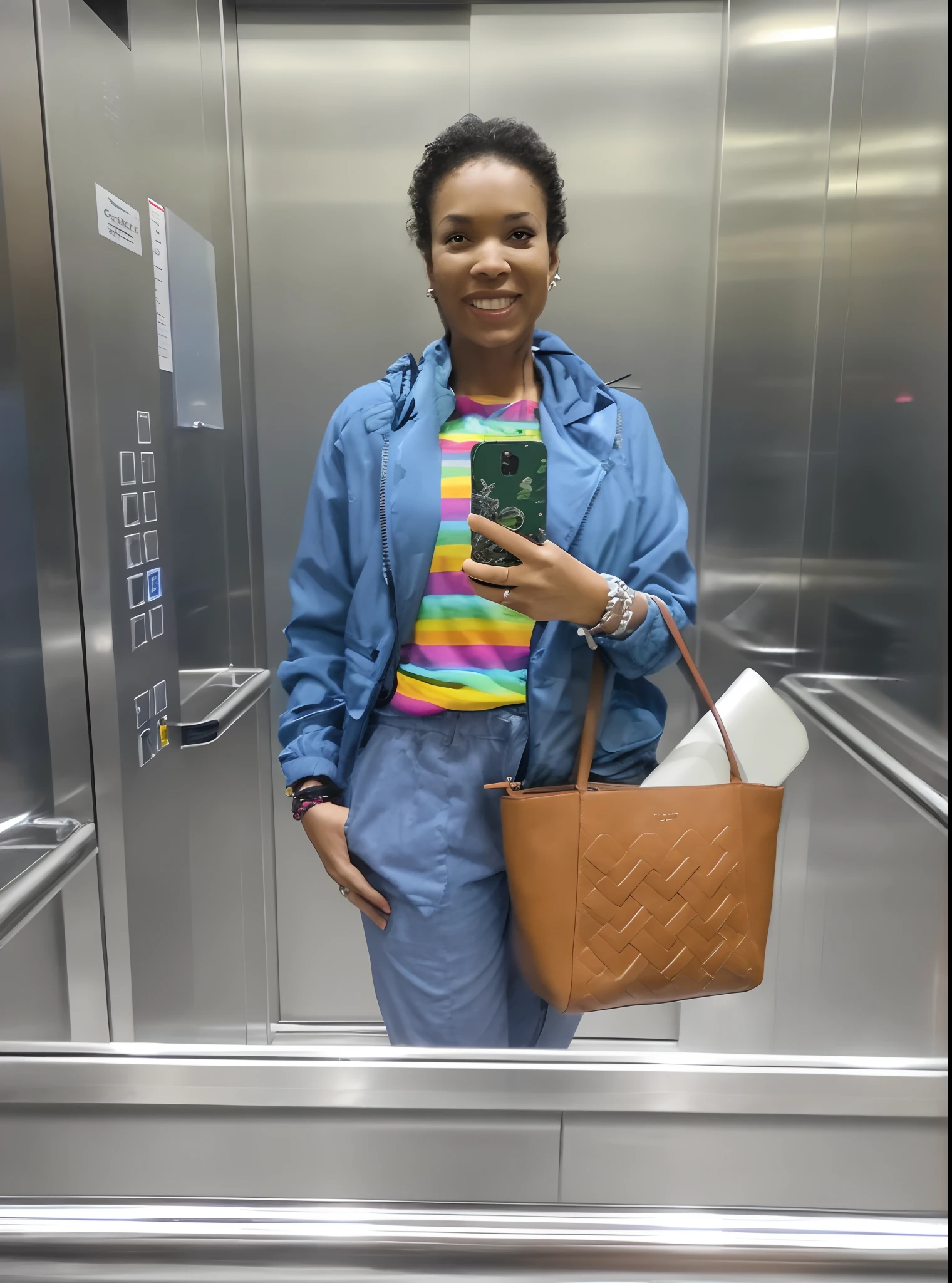 woman taking a selfie in an elevator with a purse and cell phone, in an elevator, in the dark elevator, photo taken in 2 0 2 0, photograph taken in 2 0 2 0, elevator, taken in 2022, wearing a parker, group of people in an elevator, wearing a colorful coogi sweater