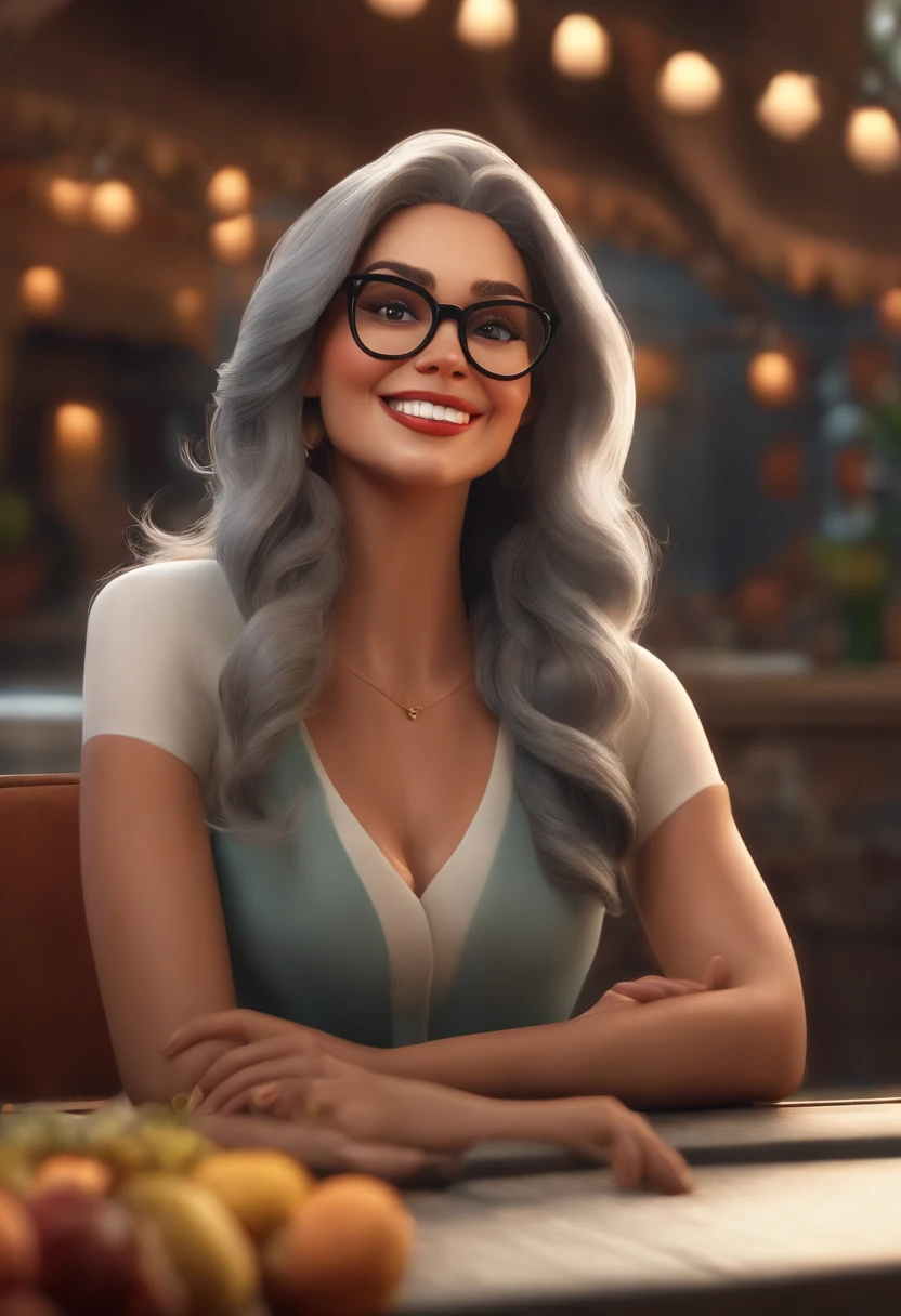 "(best quality,ultra-detalhado,Realistic:1.37),3D rendering,illustration,design de personagens,cabelos curtos e cacheados escuros,belos olhos detalhados,wearing white glasses,Estilo Pixar,morena mulher,Dancing on the Disney stage,atmosfera animada,vivid colors,luzes de palco,expression joyful"