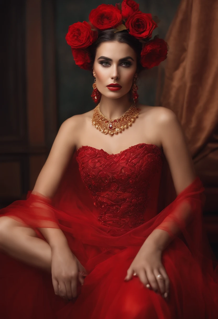 Gabrielle Gucci, beautiful woman in hot red under ware, ornate gold jewelry, long dark hair, photorealistic, cinematic lighting, highly detailed, intricate fabric and textures, fashion editorial, elegant, glamorous, warm colors, dramatic shadows and highlights, vogue style, high fashion