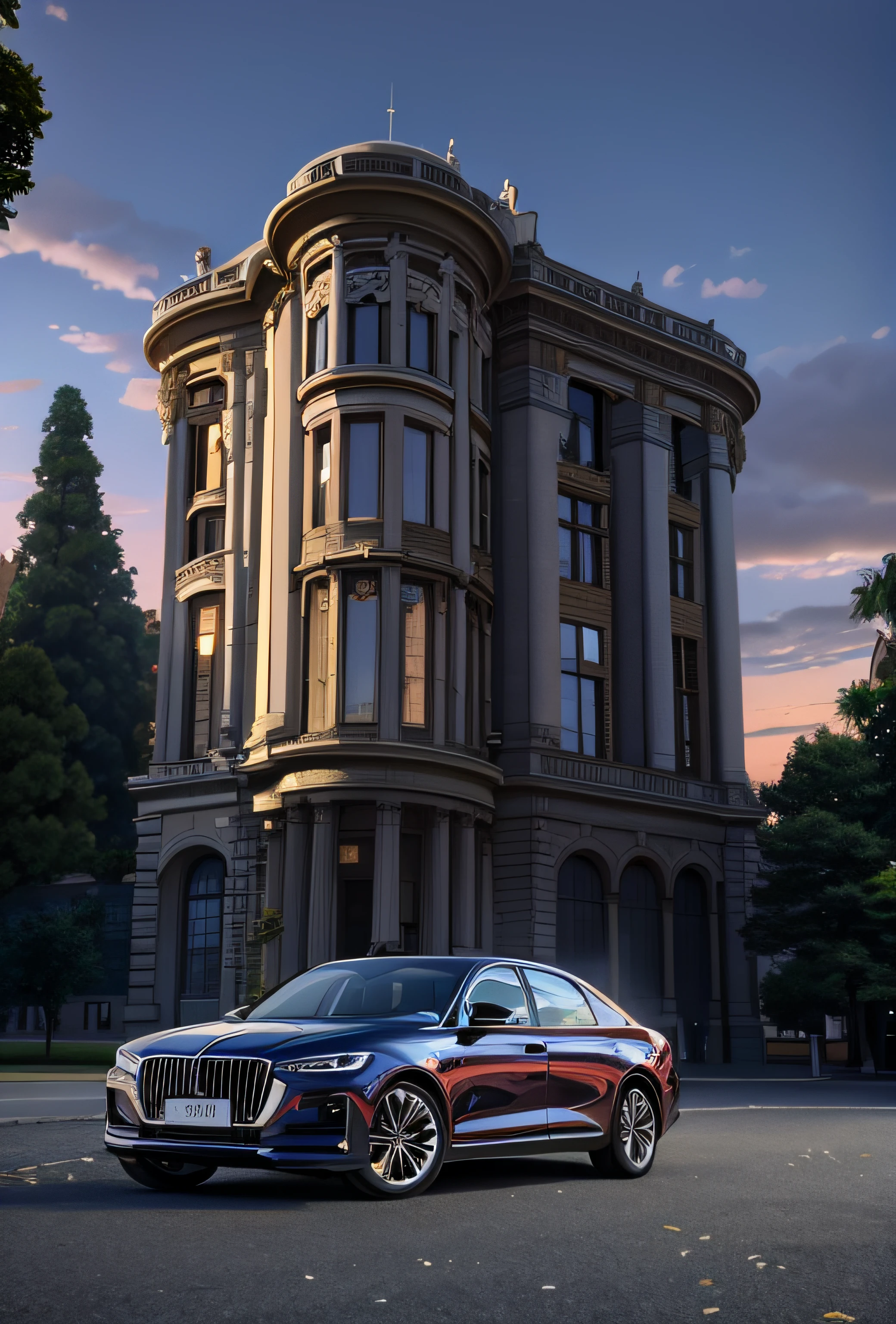 Arafed image of a luxury car parked in front of a building,Hongqi H9, 3 d render and matte painting, hyperreal rendering, art nouveau octane render, 8 k photorender realityengine, hdr render, unreal 5 engine highlly render, corona renderer, corona rendered, photorender, 8k vray render, 8 k cg render, uma pintura hiper-realista