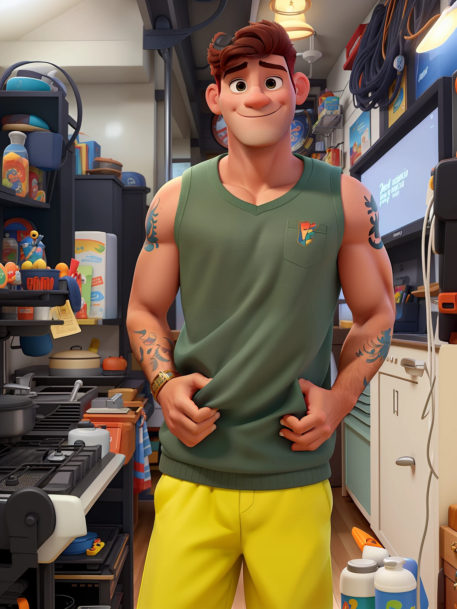 Um homem moreno de 30 anos estilo Disney pixar, alta qualidade, melhor qualidade