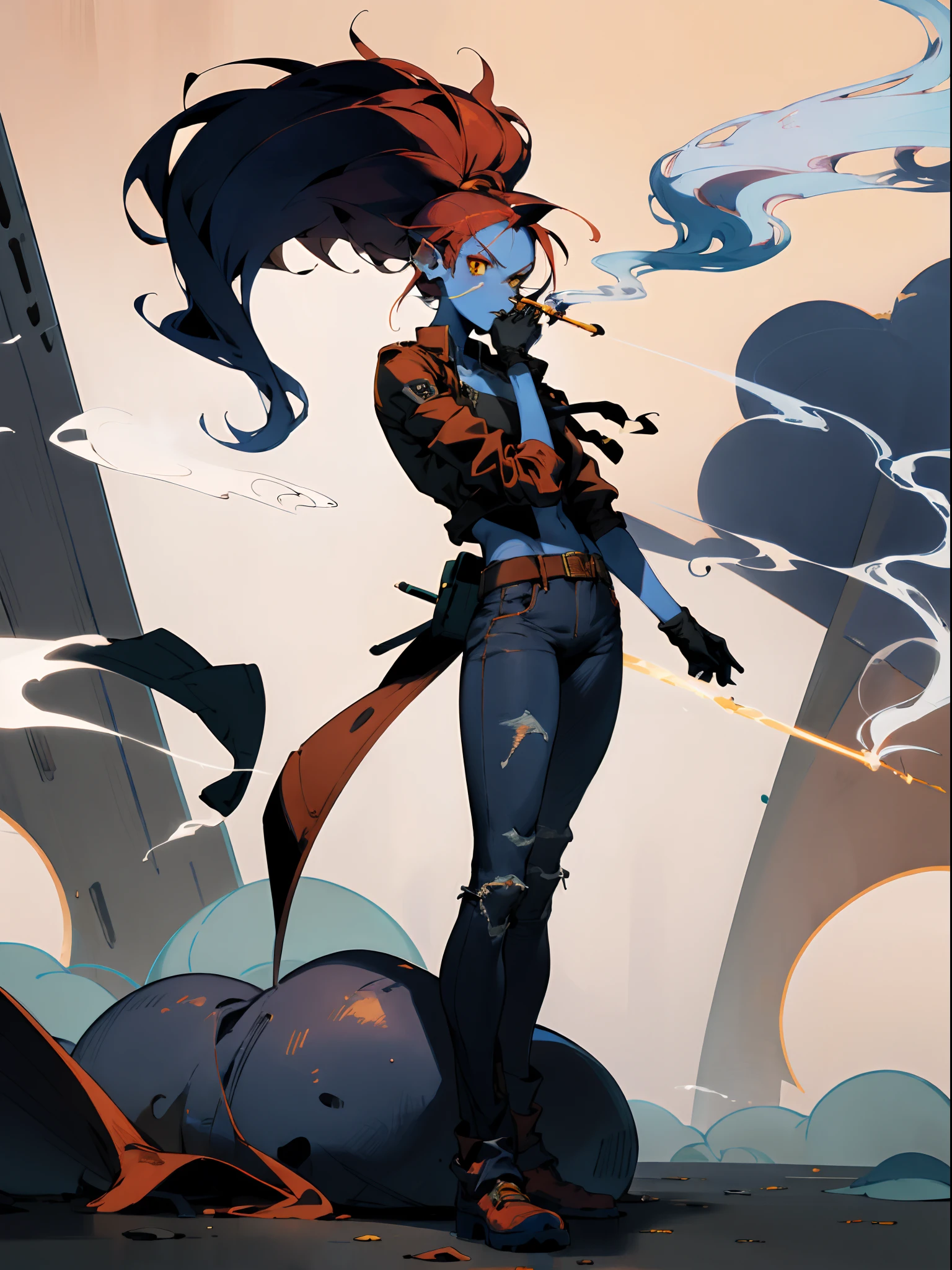 undyne,Blue skin,simplebackground,femele,Sexy body,Wearing a heavy blue coat outside,Wearing big red gloves,Brown jeans,pelo rojo corto,Bandages wrapped around his head,The expression is serious,There are many injections in the medical satchel on his side,smoking girl,Full body like,Stand up,Golden eyes,Lots of detail,illustration,CG,quadratic element,high qulity,tmasterpiece,Cyberworld,jk style,smoking girl,bags under eyes,eyeliner,makeup