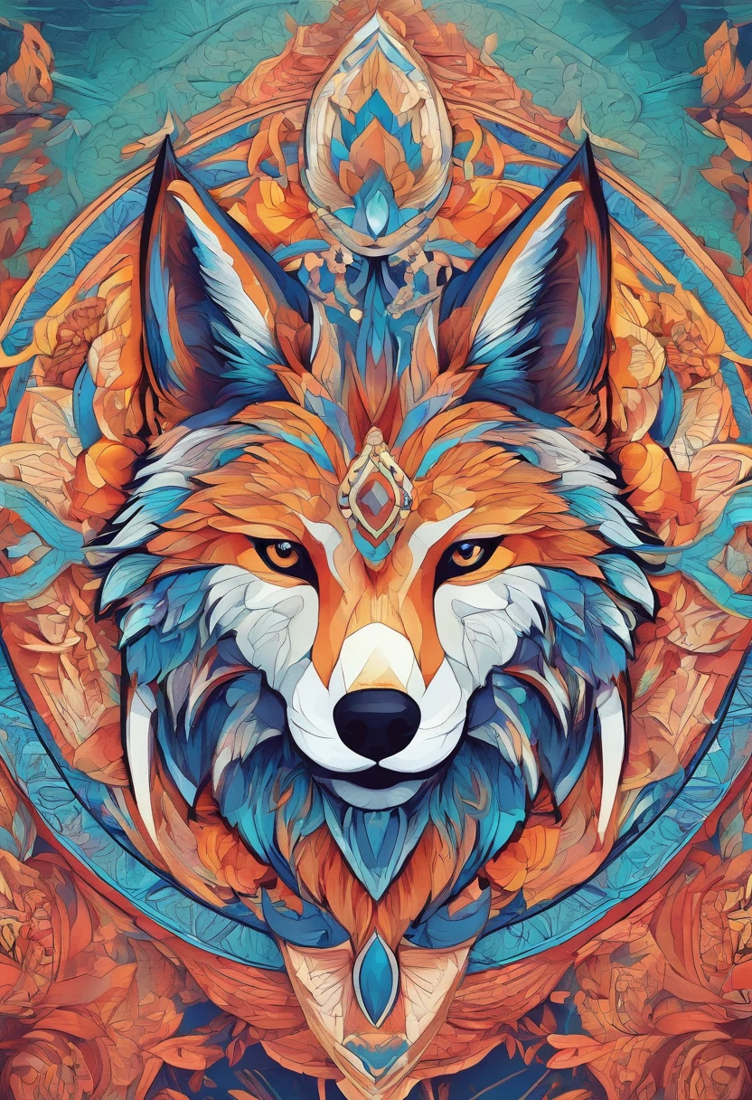 A vivid color painting of a mandala with a simple and cute wolf motif