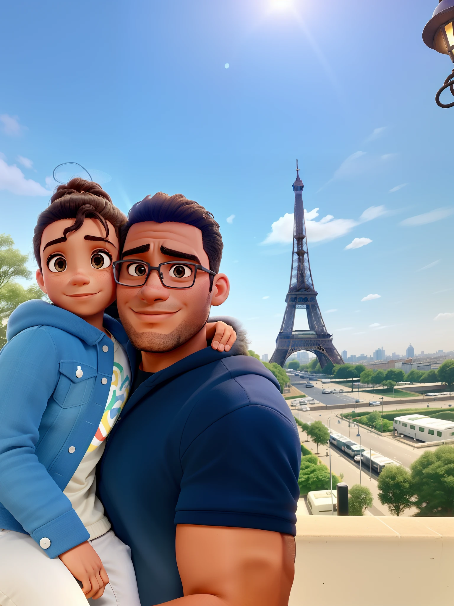 A man of South American origin is his light-skinned daughter, parado na frente, illuminated by the light of a lamp, contra o pano de fundo em Paris