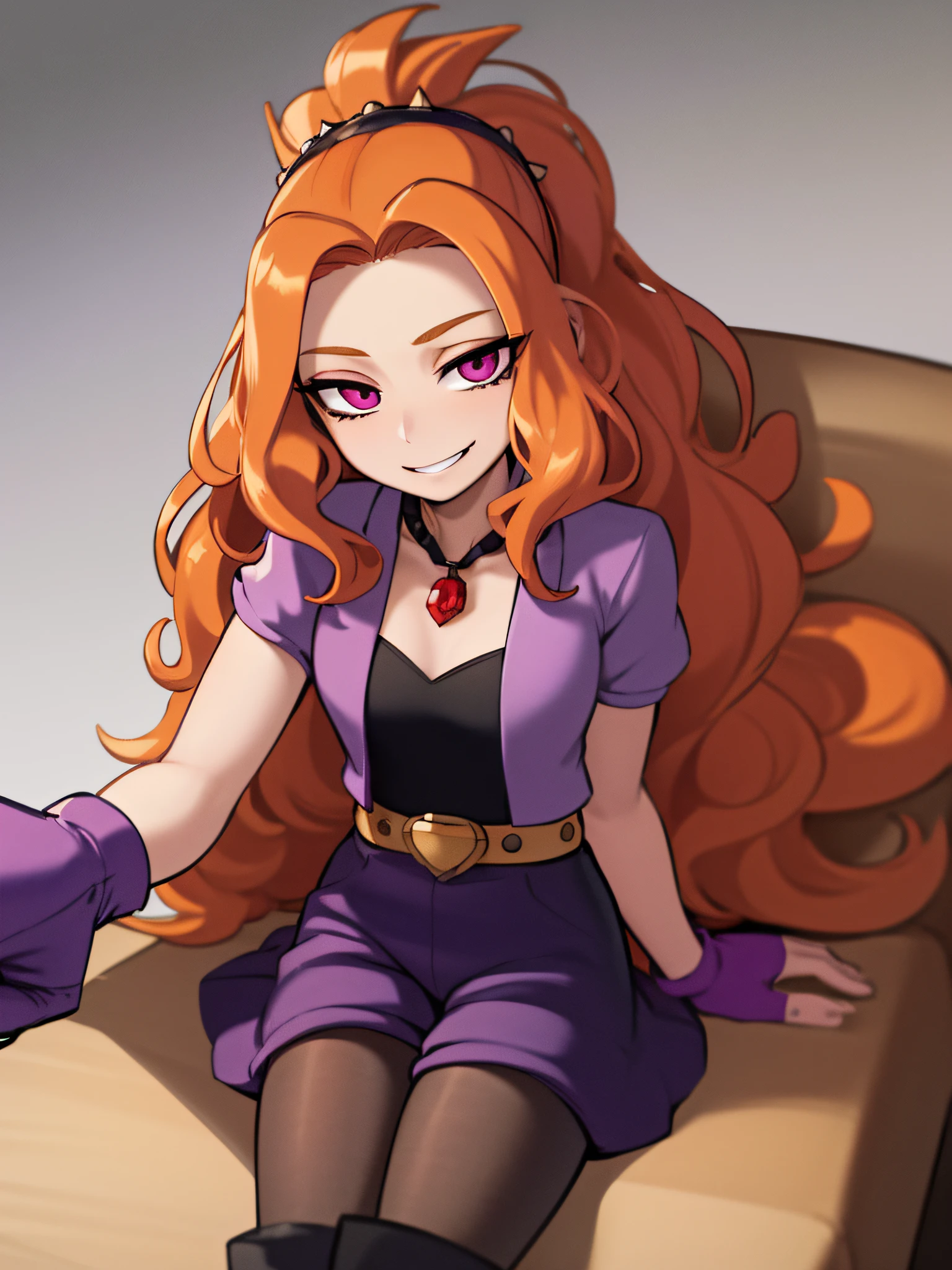 mlpdazzle, dress, purple shorts, from front, pantyhose, very long hair, big hair, fluffy hair, fingerless gloves, belt, jewelry, spikes, looking at viewer, smile, boots, jewelry, bracelet, sitting chair, crossed legs, cafeteria, orange hair, bold outline, clear outlines, (masterpiece, best quality, detailed beautiful eyes and detailed face, ultra-detailed, 8k wallpaper, elaborate features, raw photo, highres, realistic, photo-realistic:1.4, physically-based rendering)