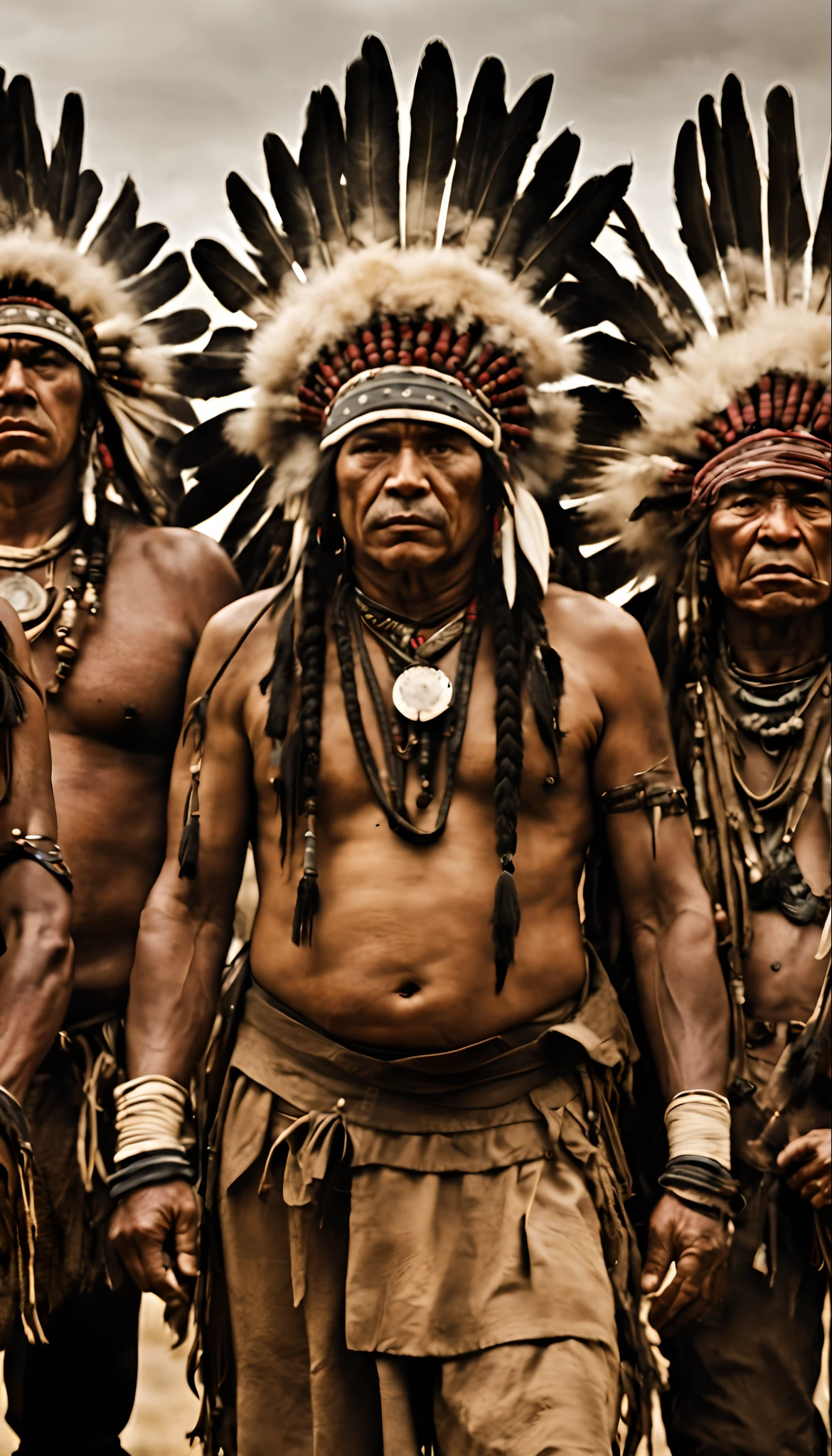 masterpiece, best quality, a group of Apache tribes, showing a spirit of courage and high fighting spirit, shot from afar, serious face, realistic, looks real, cinematic, scrathes, full body, face expression clear