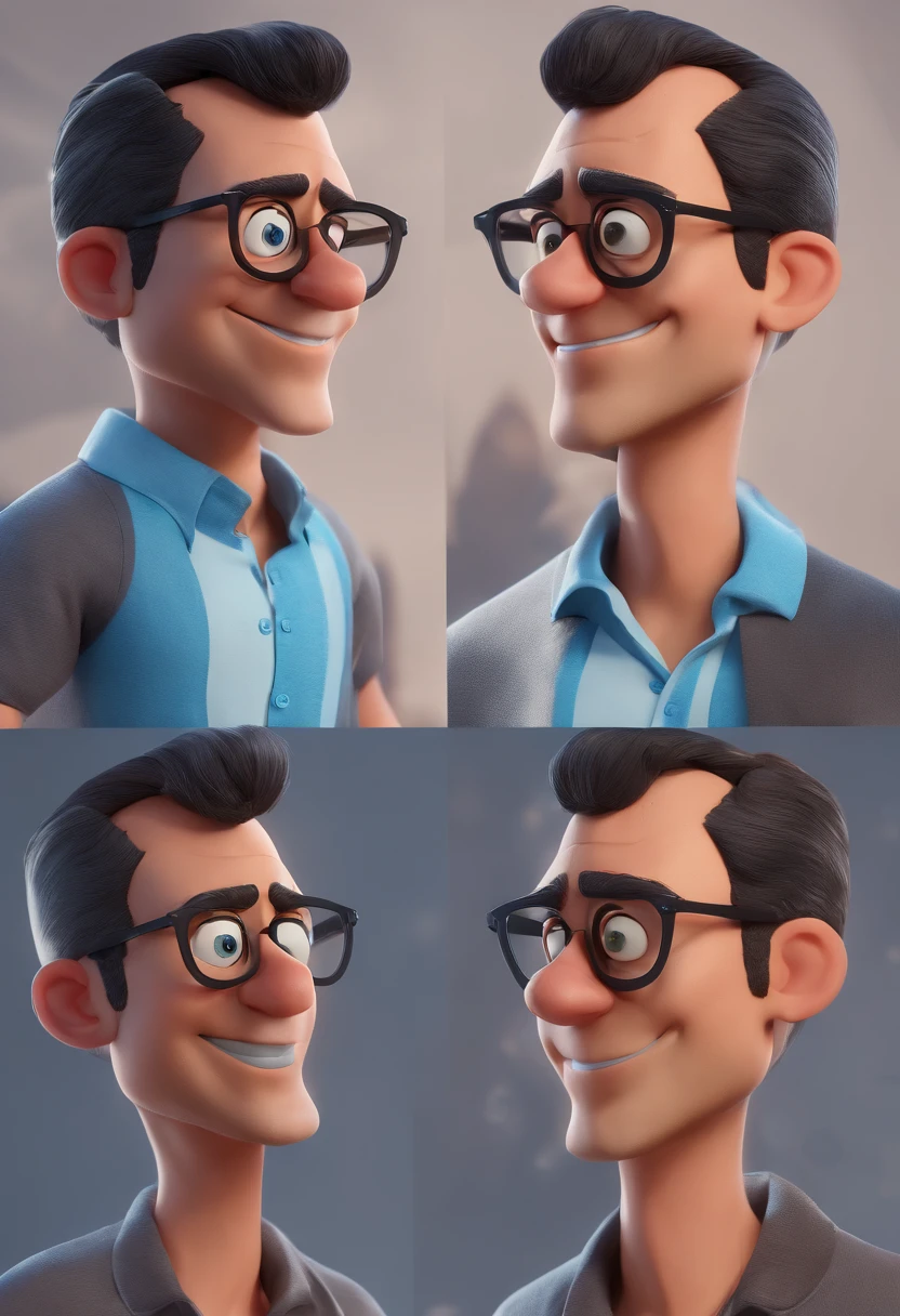 Cartoon character of a man with black glasses and a blue shirt, animation character, Caractere estilizado, animation style rendering, 3D estilizado, Arnold Maya render, 3 d render stylized, toon render keyshot, Personagem 3D, Personagem 3D, 3d rendering stylized, 3 d character render, personagem de desenho animado, Personagem de close up, Pose de personagem, (Estilo Pixar) (master part:1.2) (Bokeh) (best quality) (pele detalhada) (textura detalhada) (8k) (argila) (Cinematic lighting) (foco nítido
