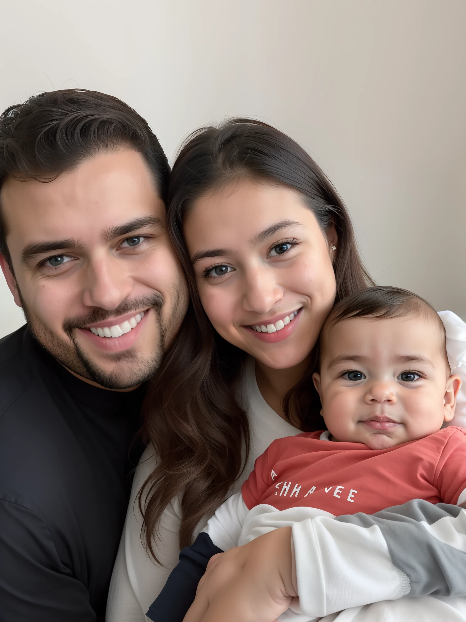There is a man and a woman holding a baby in a room, Happy family, marido esposa filho 4meses