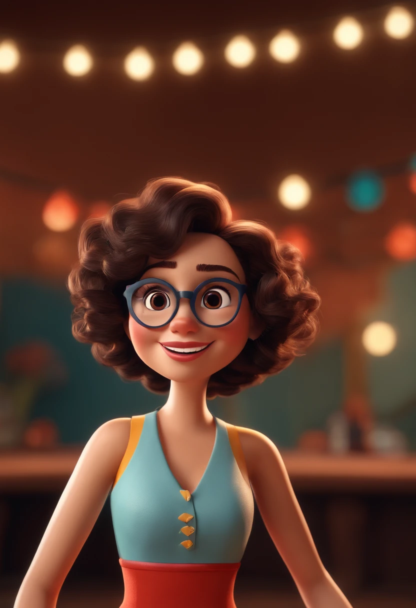 Pixar style image with 3D character white glasses brunette woman short curly hair dancing, Maquiagem Disney,Pescador, bonitinho, sorridente ,Close-up, Pixar, Disney, Cinema lighting,