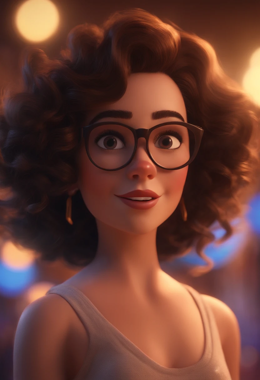 Pixar style image with 3D character white glasses brunette woman short curly hair dancing, Maquiagem Disney,Pescador, bonitinho, sorridente ,Close-up, Pixar, Disney, Cinema lighting,