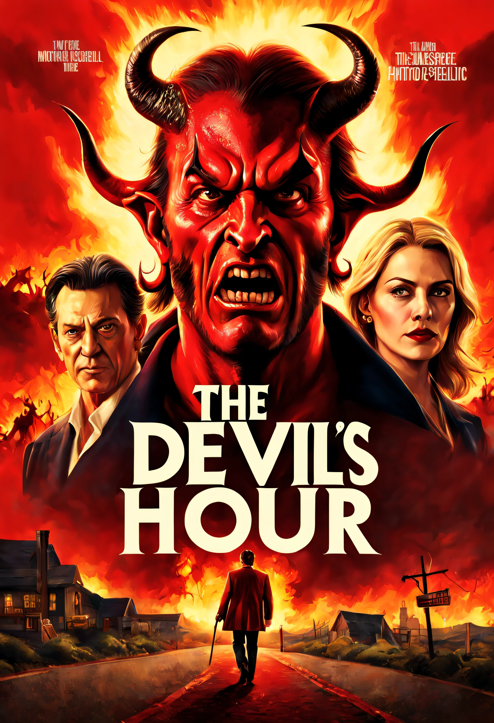 best quality, 4k, 8k, high resolution, masterpiece: 1.2), ultra detailed, (realistic, photorealistic, photorealistic: 1.37), movie poster titled "The Devil's Hour", title, lyrics and credits