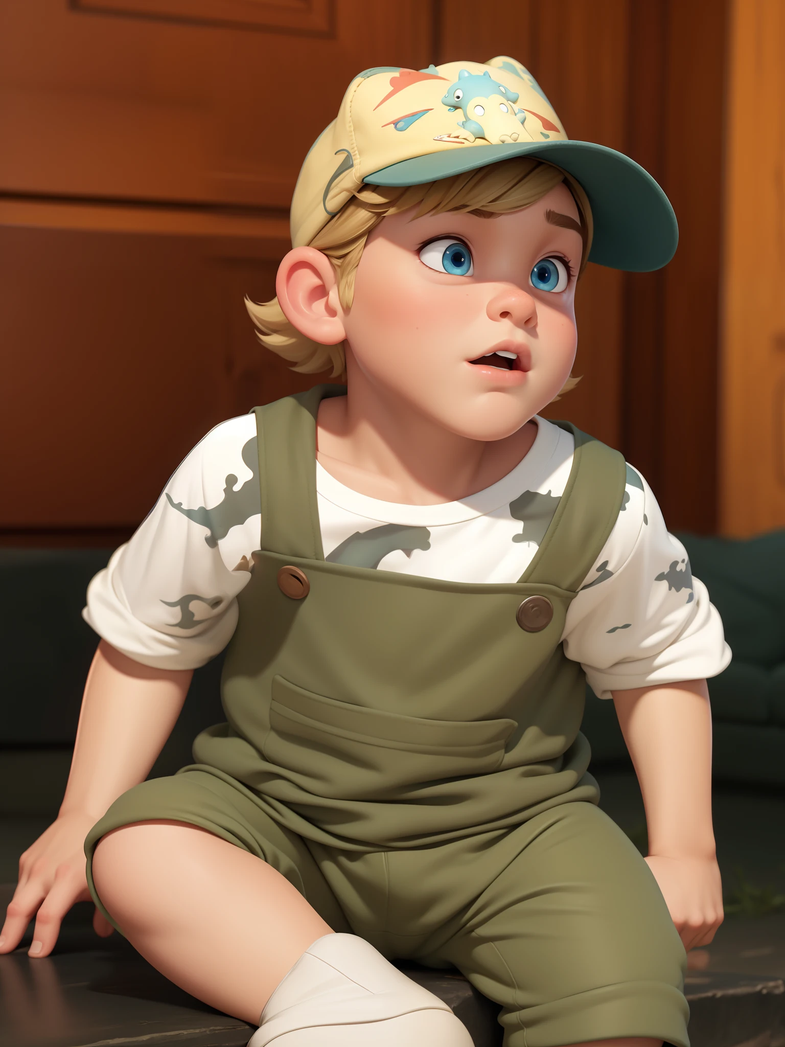 Pixar Style Poster, alta qualidade, Blue-eyed and blond-haired boy with dinosaur cap