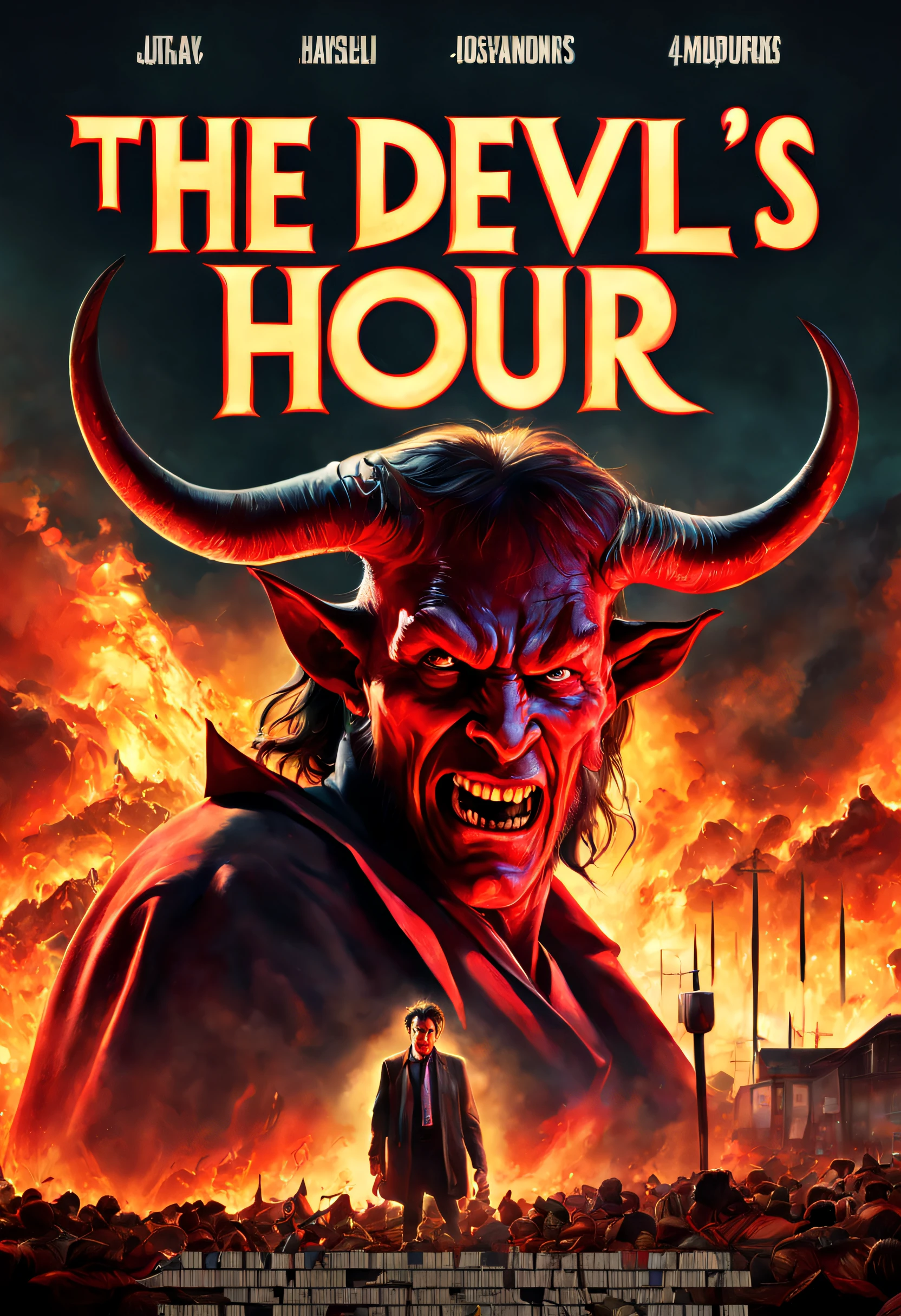 best quality, 4k, 8k, high resolution, masterpiece: 1.2), ultra detailed, (realistic, photorealistic, photorealistic: 1.37), movie poster titled "The Devil's Hour", title, lyrics and credits