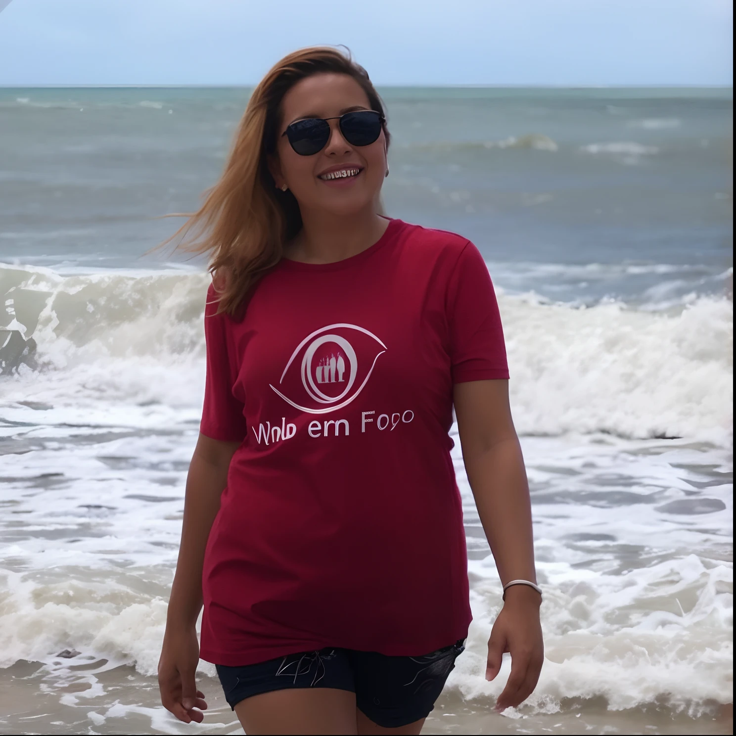 Smiling woman in red shirt standing on the beach next to the ocean, Directed by: Nandor Soldier, posando em uma praia com o oceano, andrea rocha, Caroline Gariba, Malika Favre, O oceano ao fundo, standing near the beach, na praia, standing at the beach, imagem de perfil, no oceano, Marischa Becker