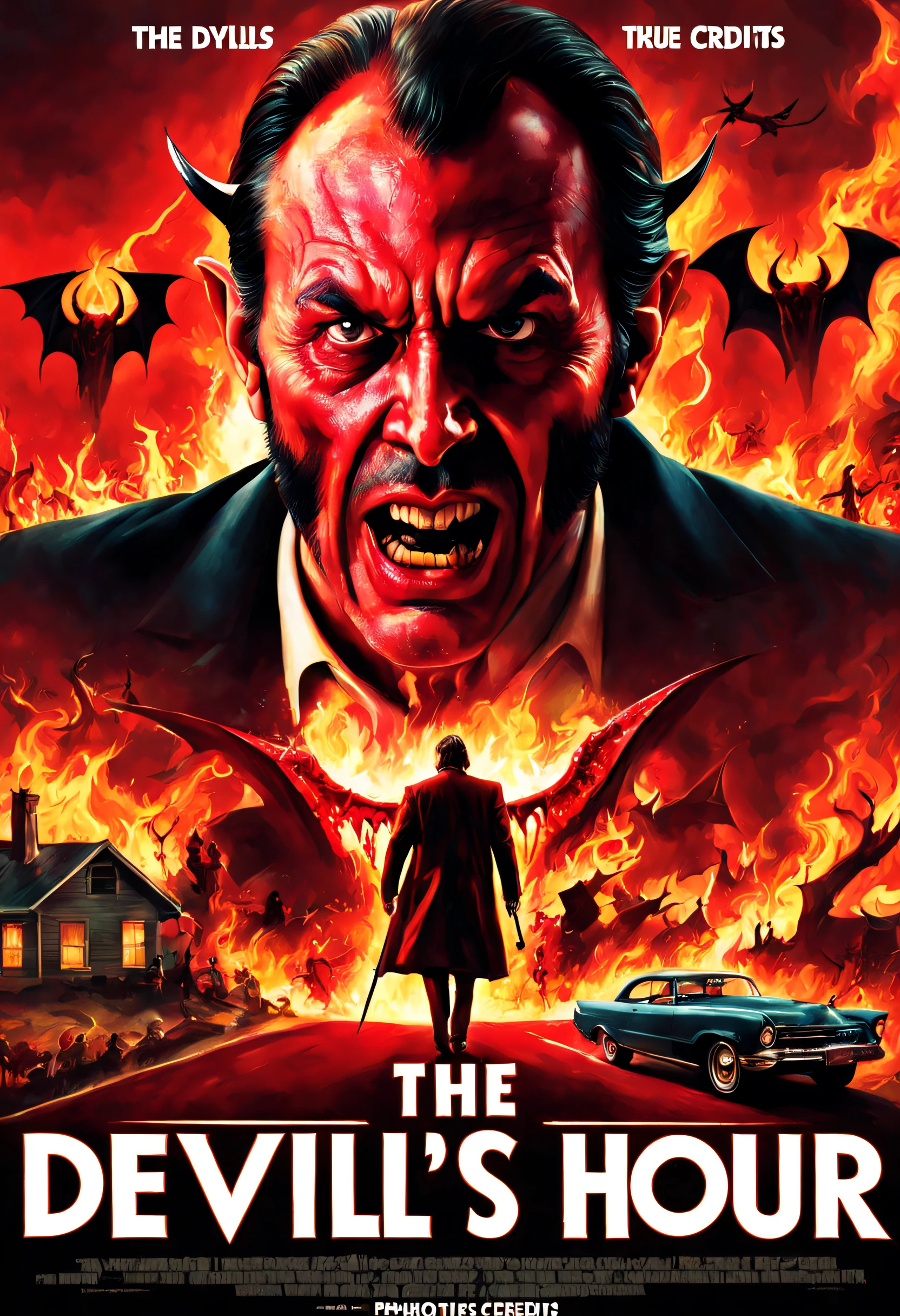 best quality, 4k, 8k, high resolution, masterpiece: 1.2), ultra detailed, (realistic, photorealistic, photorealistic: 1.37), movie poster titled "The Devil's Hour", title, lyrics and credits