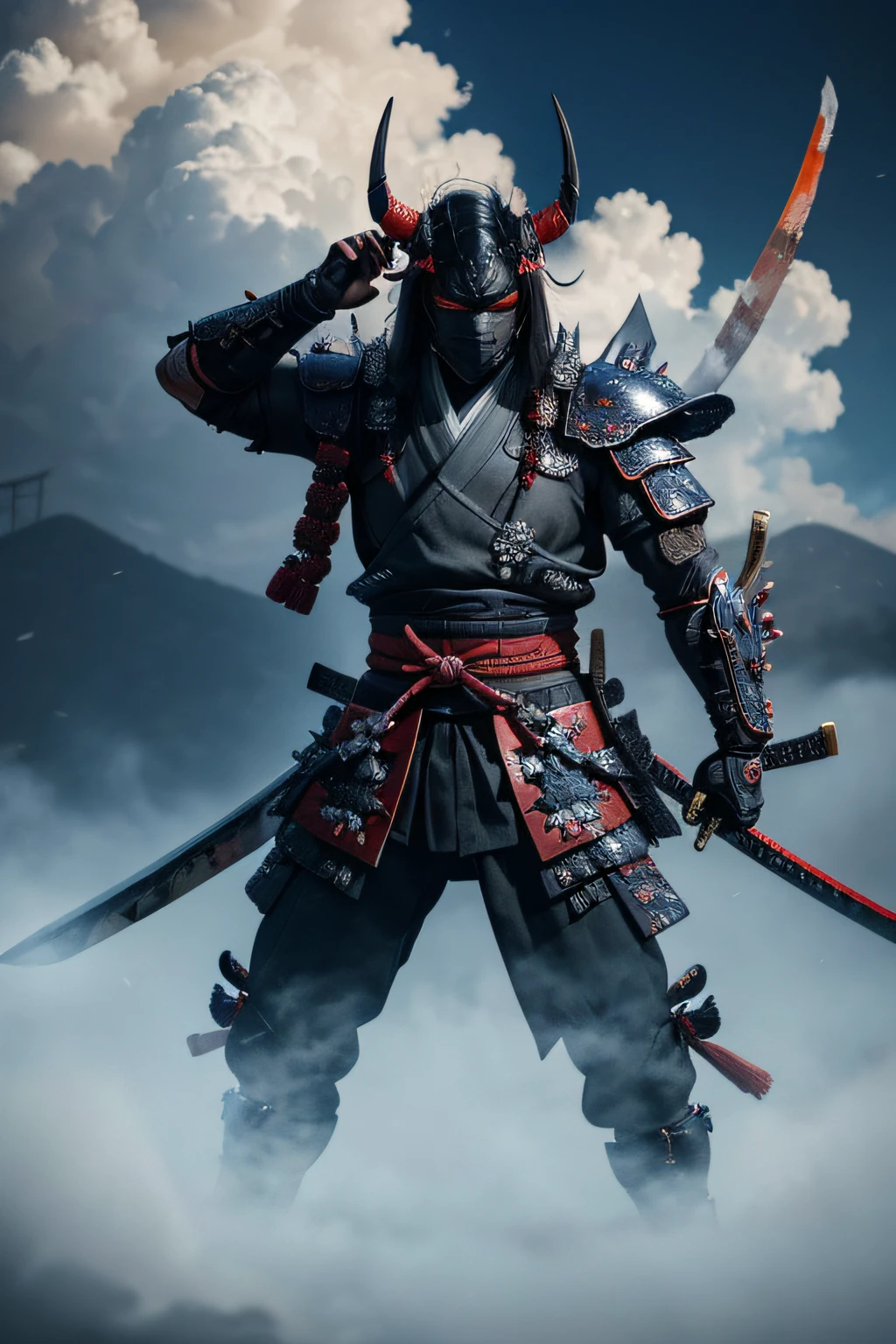 (demon samurai)、(Demon Mask)、独奏、Like the whole body、(Armed with a long and large Japan sword)、facing front,magnificent artwork、((Kyoto panel painting style))、Wind-effect:1.9、Cloud Effects:1.2、Blue and black armor、Full Rendering、Encaustic Painting、unrealengine、