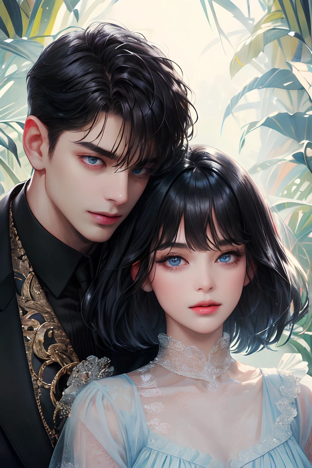 (absurdly , high quality , masterpiece , ultra detailed), ( detailed to hand ) (detailed to eyes) (detailed to face) , couples, 1 man (short black Quiff hair with Soft Fringe, bangs part on side 3:7 ratio) and 1 woman (short black hair with fringe) love ,pretty eyes (blue eyes) , black hair, fantasy, detailed background, soft light
