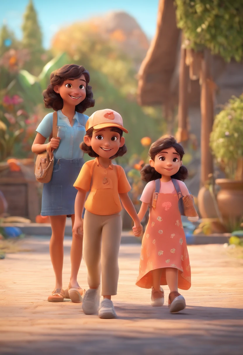 Estilo Pixar: Familia, Um pai, A mother and two girls. Uma menino de 3 anos e outro de 2 anos . Uma fazenda com vacas lindas e marrom .