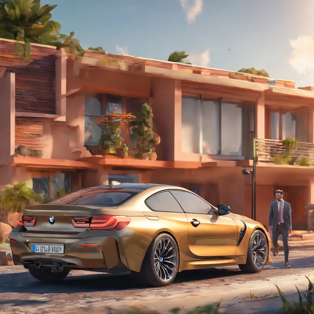 Homem branco magro de cabelo castanho com pequeno topete barba baixa em miniatura olhos castanhos com sua camiseta vermelha encostada em seu carro bmw 320 ano 20221 na beira da estrada em formato Disney 'pixar'