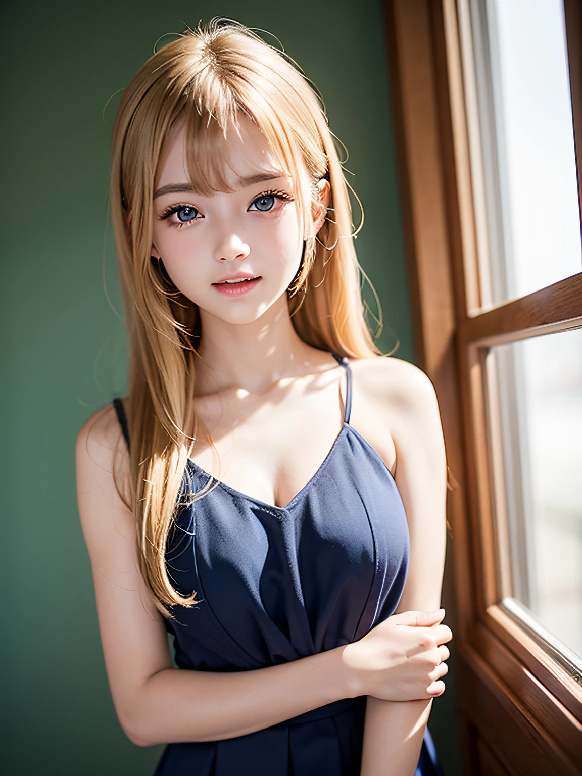 portlate、School Uniforms、bright expression、poneyTail、Young shiny shiny white shiny skin、Best Looks、Blonde reflected light、Blonde hair with dazzling highlights、shiny light hair,、Super long silky straight hair、Beautiful bangs that shine、Glowing crystal clear attractive big blue eyes、Very beautiful nice cute 16 year old girl、Lush bust