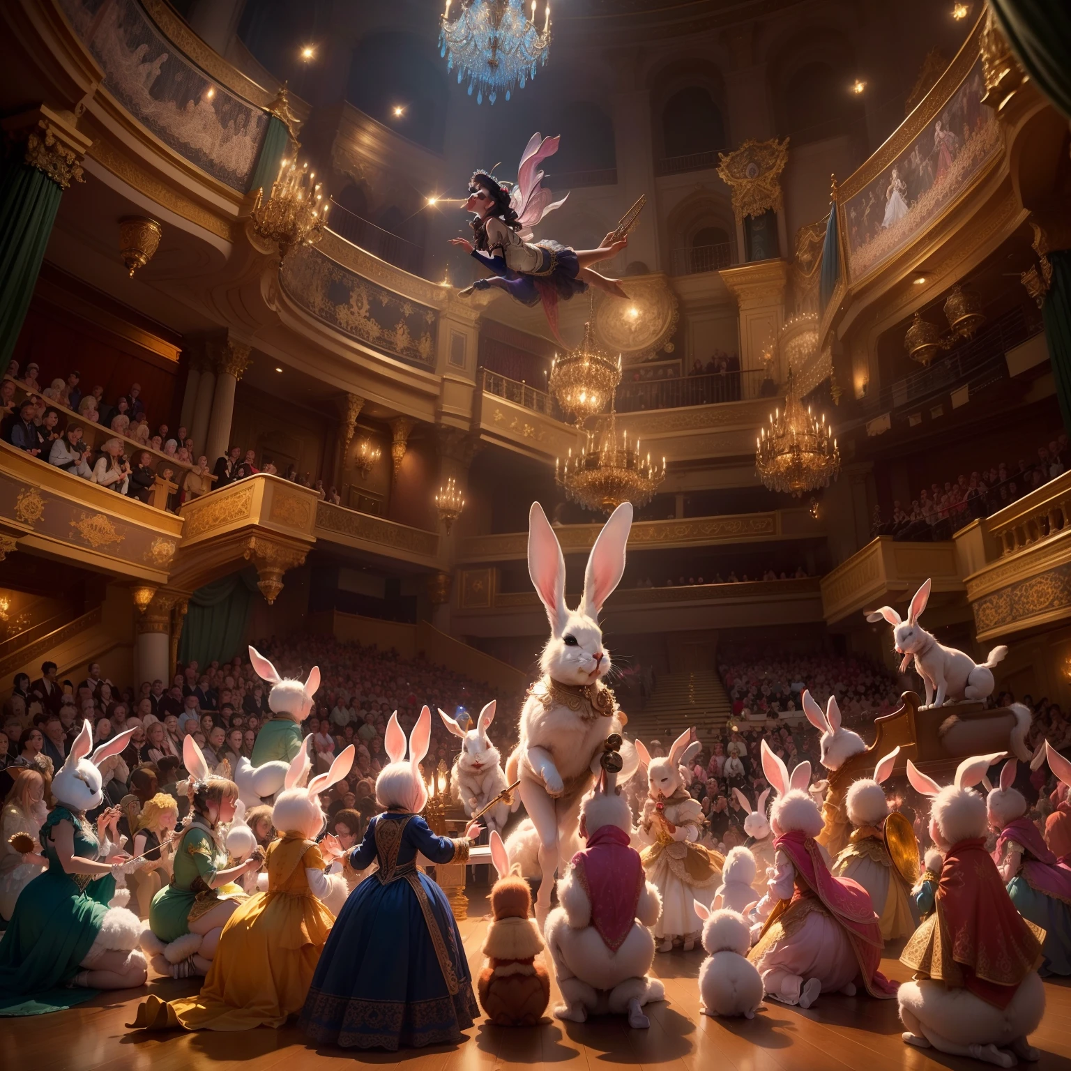(best quality,4k,8k,highres,masterpiece:1.2),ultra-detailed,(realistic,photorealistic,photo-realistic:1.37),rabbits in an enchanted theater,(vibrant colors,magical lighting),(oil painting effect:1.1),(dreamlike atmosphere:1.2),(whimsical scenery:1.1),detailed fur and whiskers,expressive eyes and long ears,magic-filled stage,set in a Victorian-style theater,filled with velvet curtains and ornate decorations,twinkling stars on the ceiling,sparkling fairy lights illuminating the surroundings,exquisite costumes with intricate lace and embroidery,delicate floral patterns on the theater floor,playful rabbits performing various acts, ballet dances and acrobatic stunts,expressing joy and grace with every movement,audience marveling at the enchanting spectacle,expressions of wonder and awe,background orchestra playing enchanting melodies,conductor gracefully leading with a baton,audience enjoying the magical performance,immersed in the rabbit's whimsical world,feeling a sense of wonder and delight,creating lasting memories in the enchanted theater.