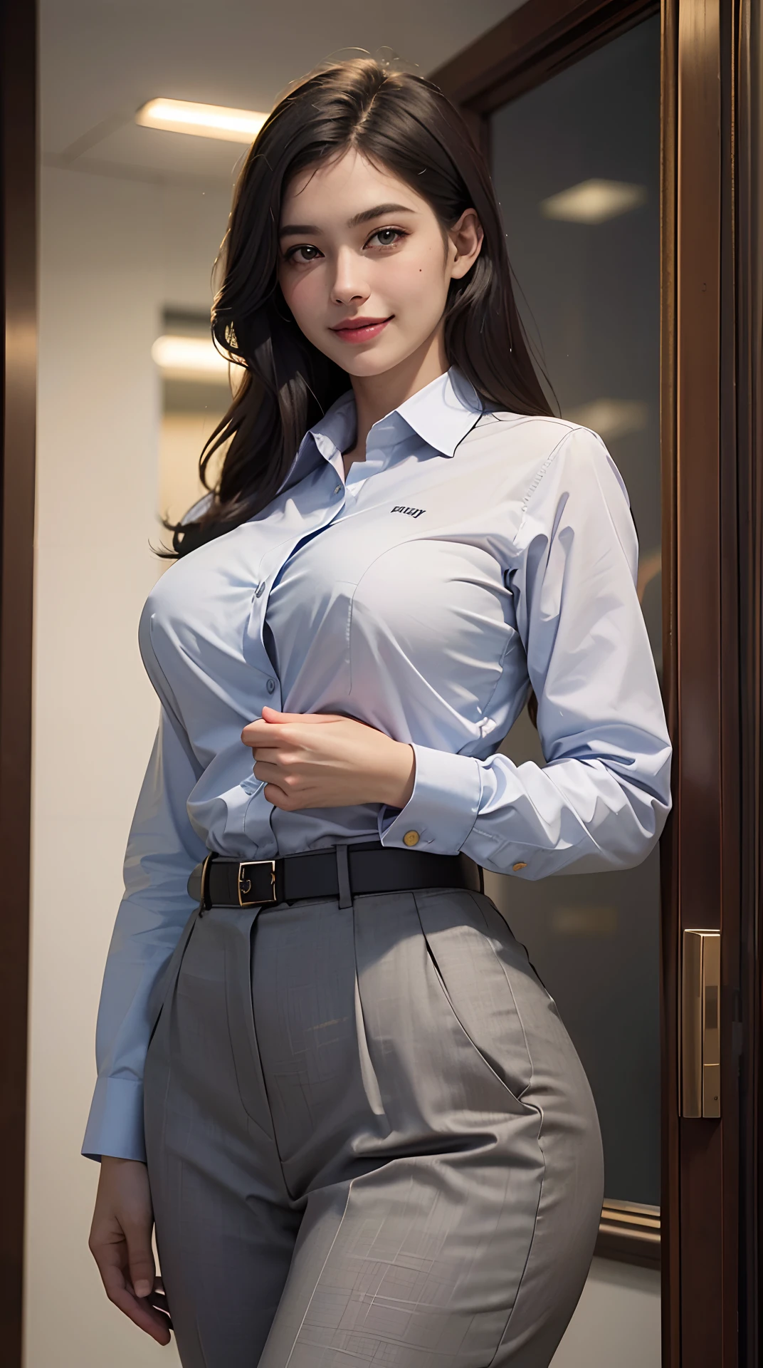 (best quality, 4k, 8k, high-res, masterpiece:1.2), ultra-detailed, (realistic, photorealistic, photo-realistic:1.37), (beautiful detailed eyes, beautiful detailed lips, extremely detailed eyes and face), studio lighting, physically-based rendering, vivid colors, (big tits, super big tits, super extra big tits), ((waist)), (business blazer suit, business shirt:1.5), (portrait, smile and laugh), (sharpness:1.5), (sophisticated background:1.5),