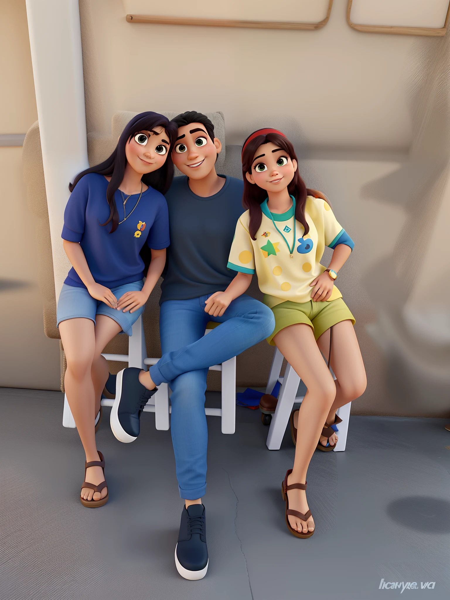 Pai e suas duas filhas sentados estilo Disney pixar, alta qualidade, melhor qualidade