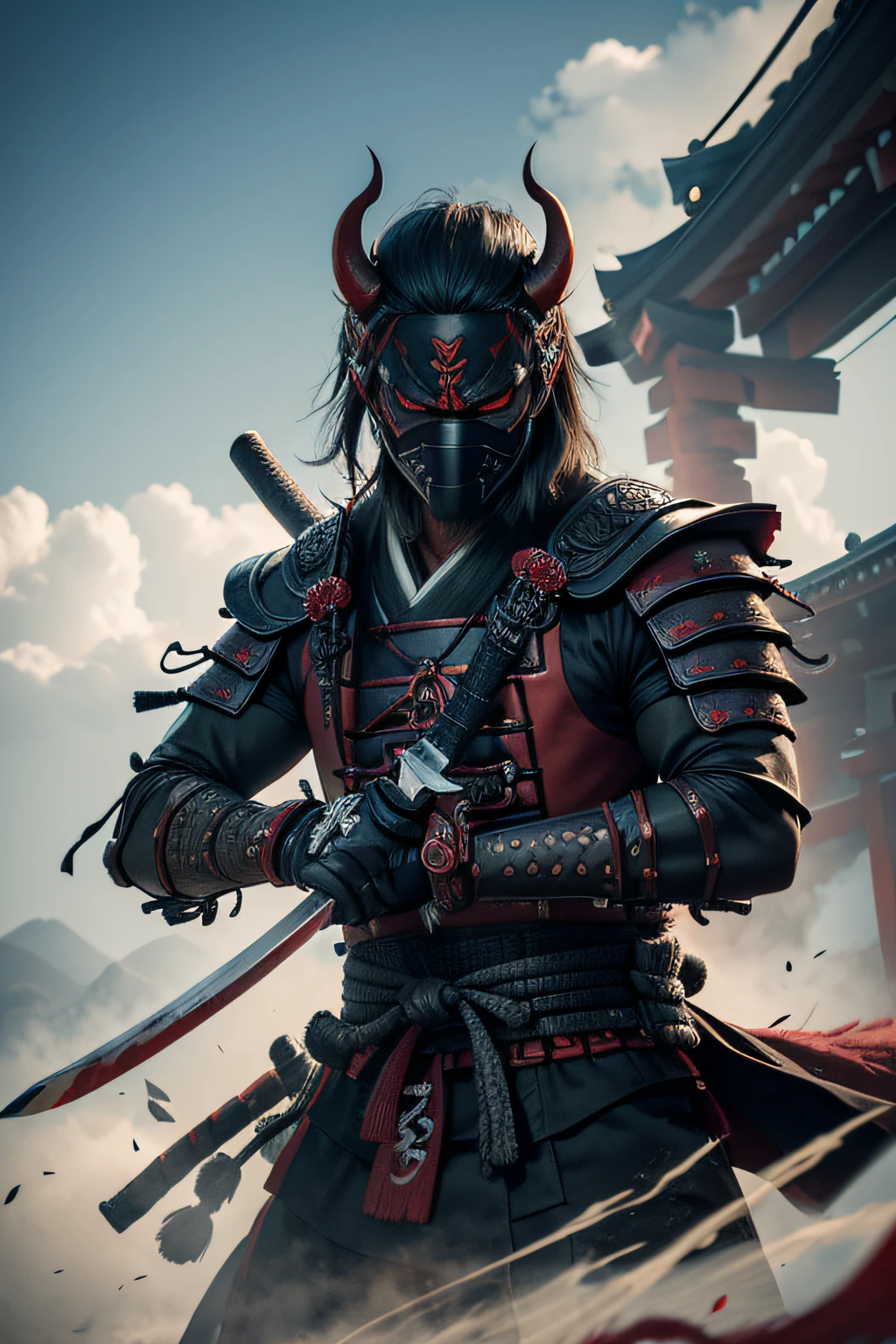 8K,(demon samurai)、(Wearing a demon mask)、独奏、Like the whole body、(Armed with a long sharp knife)、magnificent artwork、((Kyoto Panel Painting Style))、Wind-effect:1.9、Cloud Effects:1.2、Full Rendering、Encaustic Painting,unrealengine