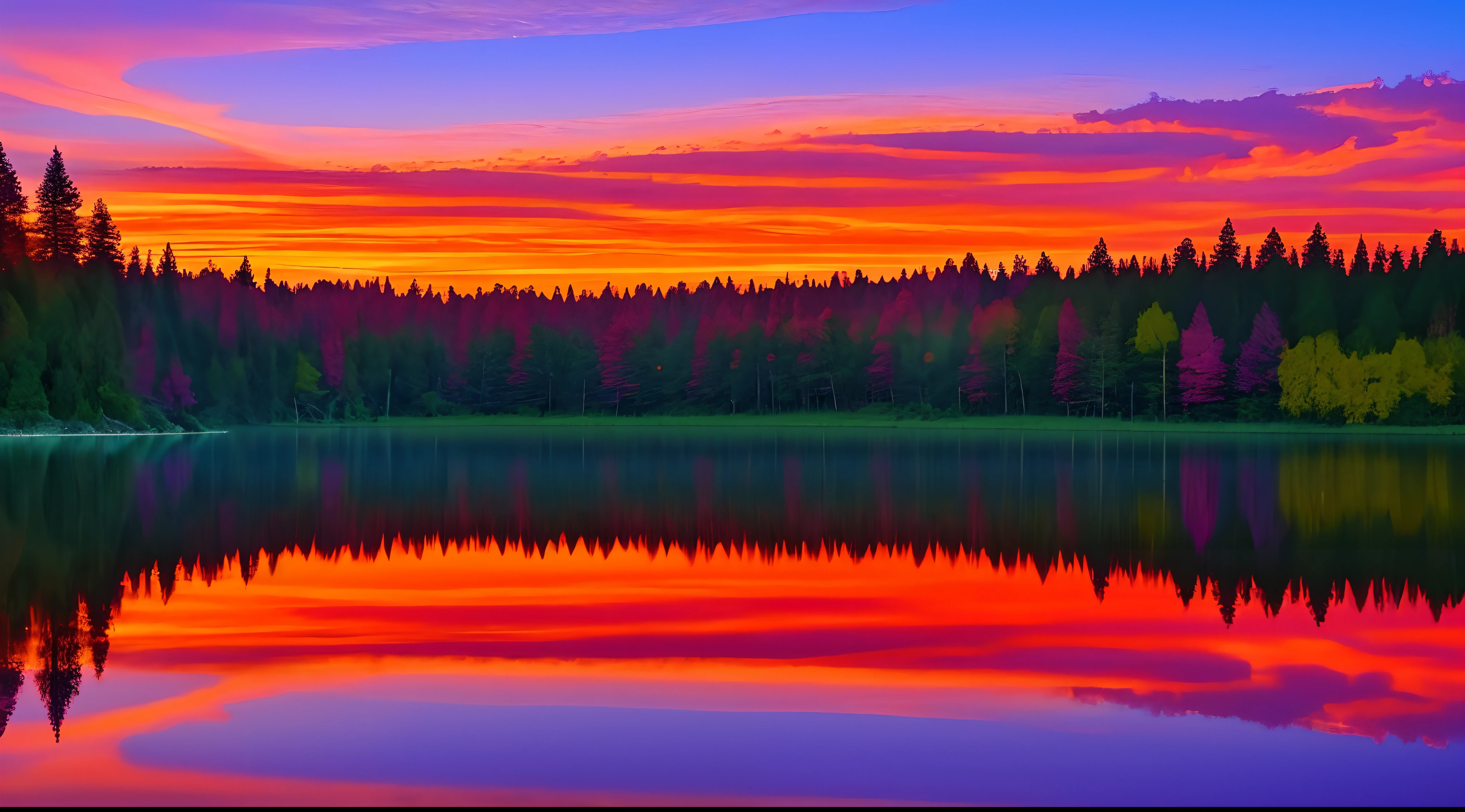 there is a beautiful sunset with a lake and trees in the background, colorful skies, surreal colors, colorful sunset, colorful sky, marvellous reflection of the sky, stunning sky, dream like atmosphere 8k, colorful clouds, colors reflecting on lake, surreal sky, red and blue reflections, fire reflection, beautiful sky, beautiful and spectacular dusk, beautiful dreamy landscape, amazing sky