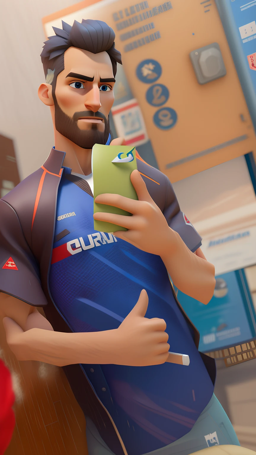 Man in blue jacket holding a piece of paper, semi-realistic rendering, 3 d render stylized, animation style rendering, 3d rendering stylized, stylized as a 3d rendering, promotional render, Artista CG, super detailed rendering, realista estilo 3d, toon render keyshot, animation character, 3 d character render, cena detalhada