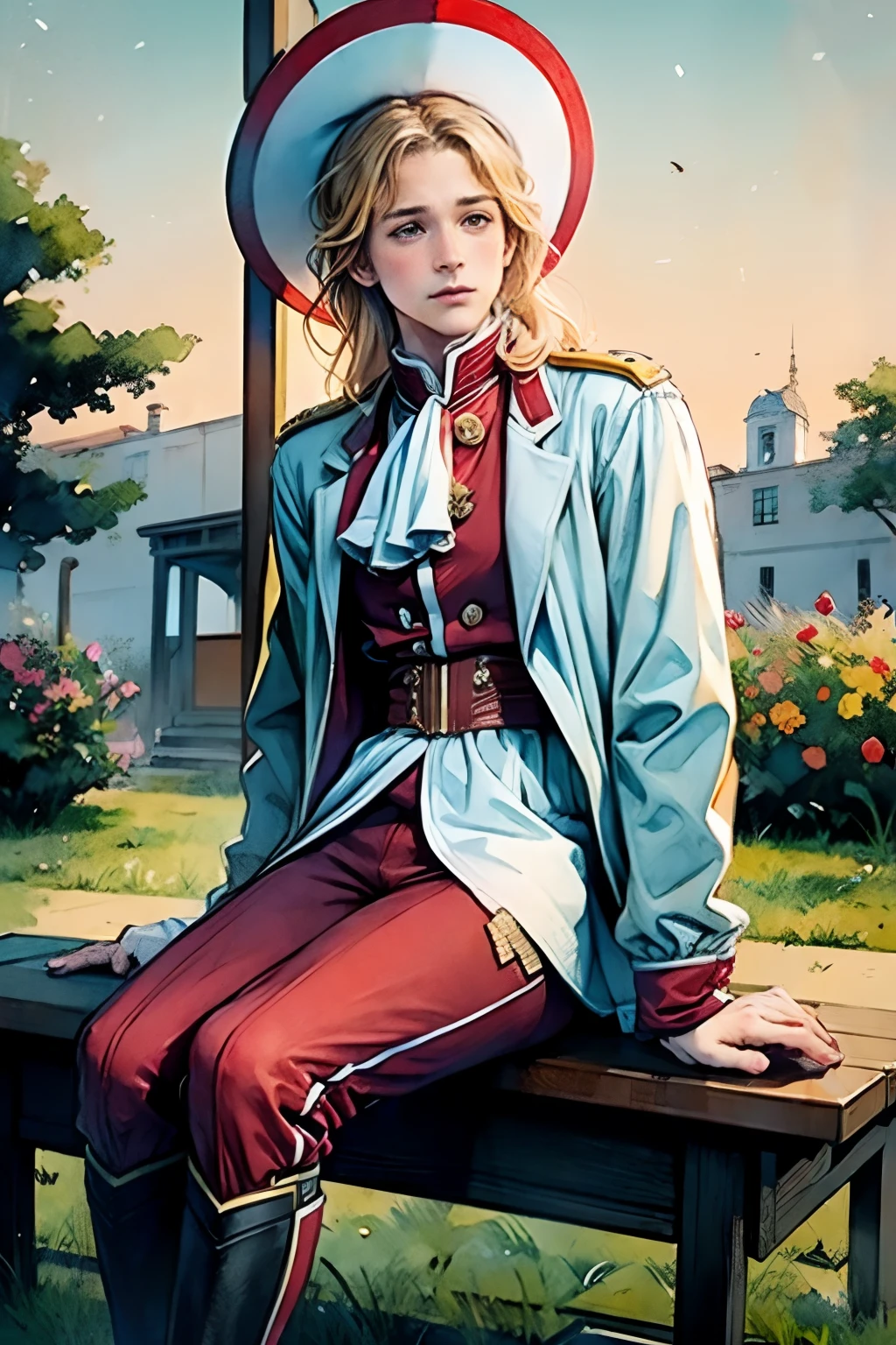 Middle-aged Ryan Gosling wearing 1790s XVIII century Austrian military uniform (red breeches and white coat with red & gold trimmings) and a black tricorn hat. Blond hair in a queue. He is sitting on a stone bench in front of viewer with gardens in the background, looking into the distance. Frontal view. Sad expression. golden hour. Summer evening. Watercolors, pencil. Quick rough sketch with few details. Realistic, minimalistic, 2.5d