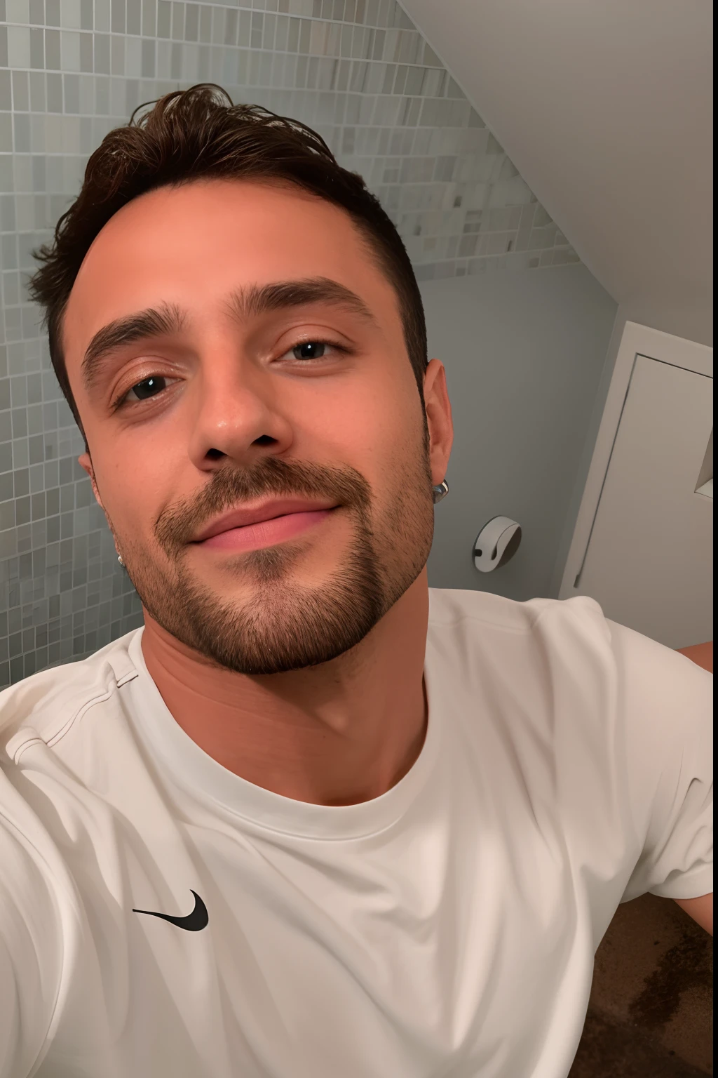 there is a man taking a selfie in a bathroom mirror, Borja, Miguel Iglesias, foto de perfil headshot, foto do snapchat, instagram post, taken in the early 2020s, foto de perfil, instagram story, Nico Delort, vestido com uma camiseta branca, foto de perfil, tiktok video, diego fernandez, Dany Devito, Carlos Cox, Liam
