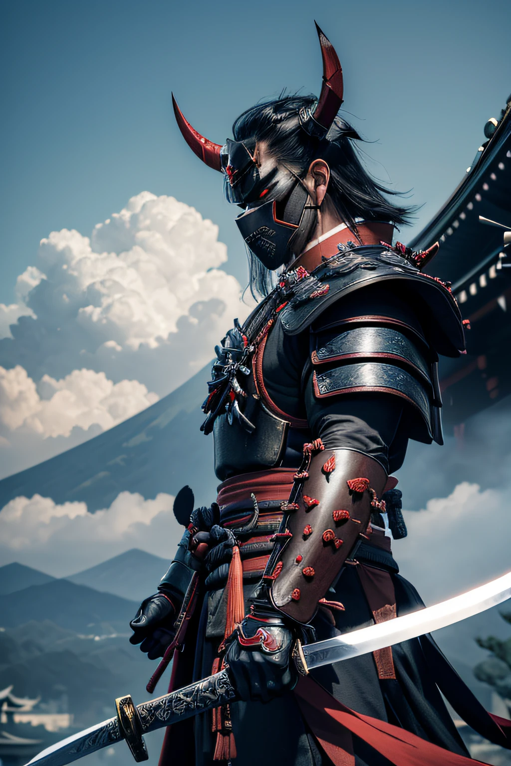 (demon samurai)、(Wearing a Demon Mask)、独奏、Like the whole body、(Armed with a long and large Japan sword)、facing front,magnificent artwork、((Kyoto panel painting style))、Wind-effect:1.9、Cloud Effects:1.2、Blue and black armor、Full Rendering、Encaustic Painting、unrealengine、