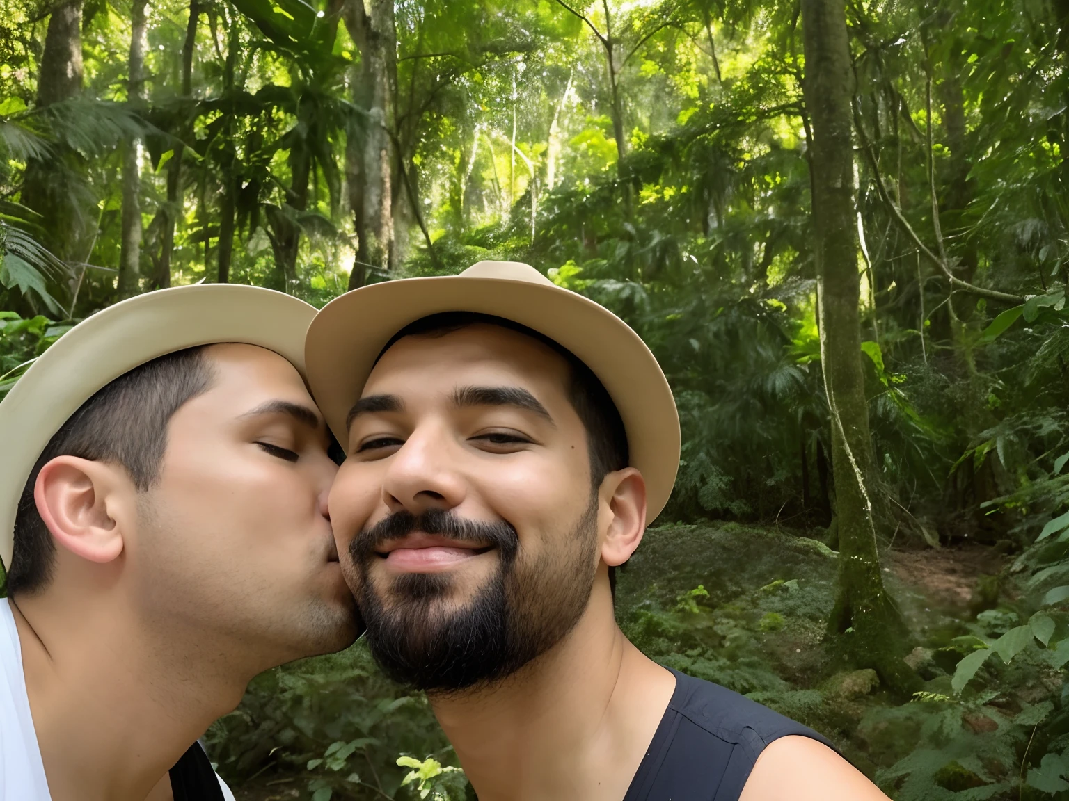 There's two men kissing in the woods, beijando juntos fofos, em uma floresta tropical, em uma selva, na selva, na selva, beijos juntos, em um ambiente de selva, em frente a um fundo de floresta, casal se beijando, na floresta da selva, in front of an amazing forest, em uma floresta de selva, na floresta da selva !!!