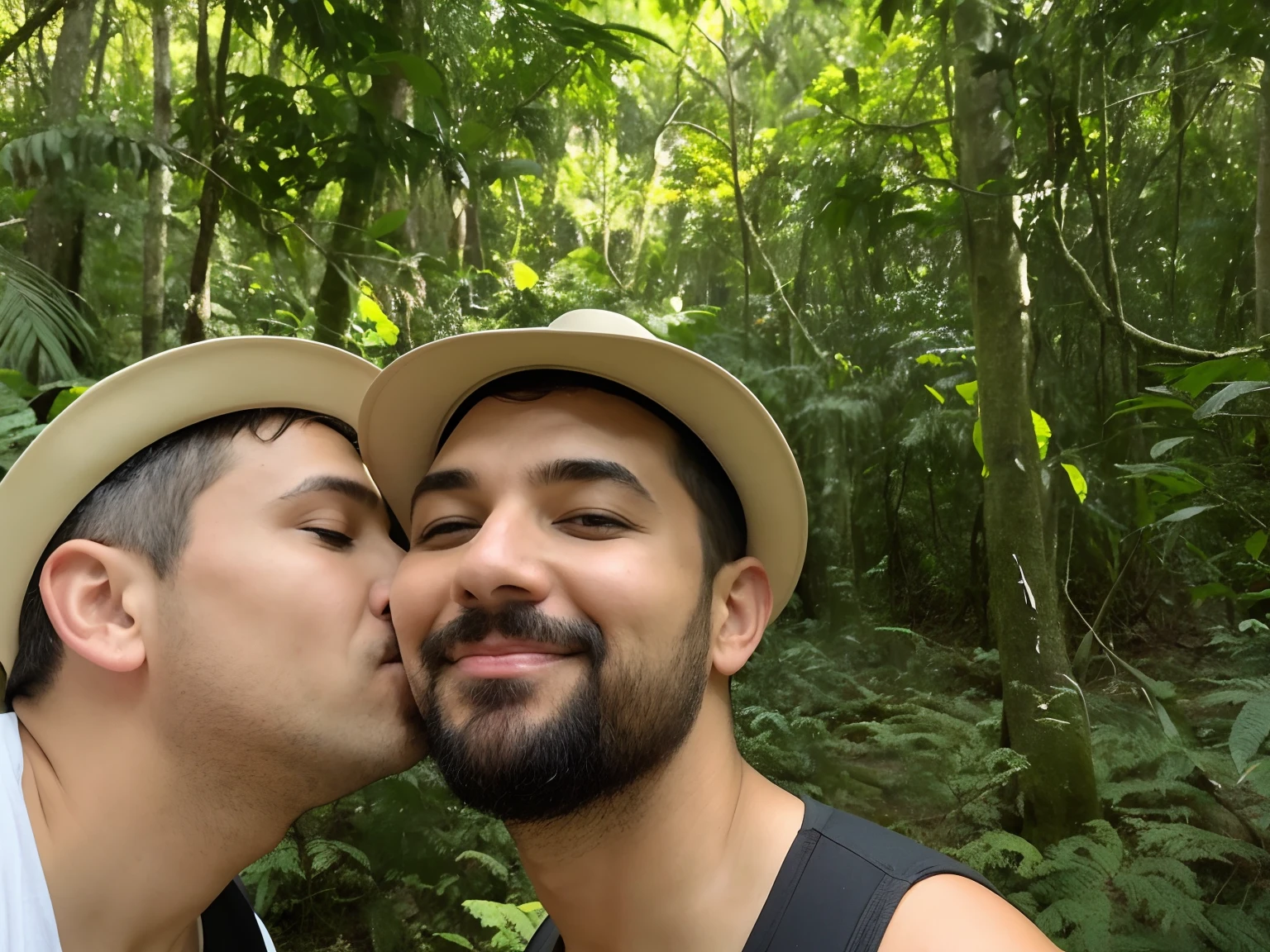 There's two men kissing in the woods, beijando juntos fofos, em uma floresta tropical, em uma selva, na selva, na selva, beijos juntos, em um ambiente de selva, em frente a um fundo de floresta, casal se beijando, na floresta da selva, in front of an amazing forest, em uma floresta de selva, na floresta da selva !!!