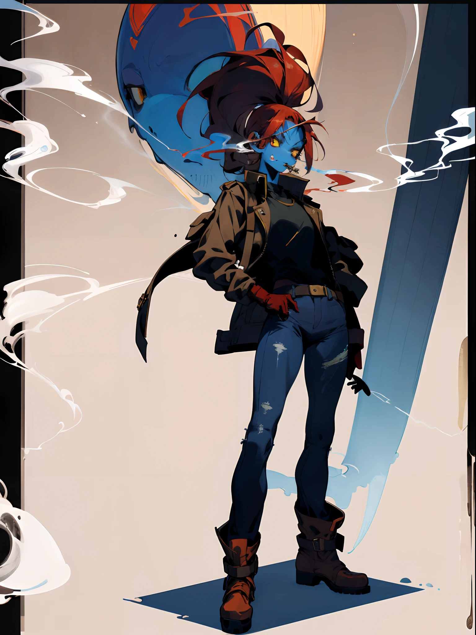 undyne,Blue skin,simplebackground,femele,Sexy body,Wearing a heavy blue coat outside,Wearing big red gloves,Brown jeans,pelo rojo corto,Bandages wrapped around his head,The expression is serious,There are many injections in the medical satchel on his side,smoking girl,Full body like,Stand up,Golden eyes,Lots of detail,illustration,CG,quadratic element,high qulity,tmasterpiece,Cyberworld,jk style,smoking girl,bags under eyes,eyeliner,makeup