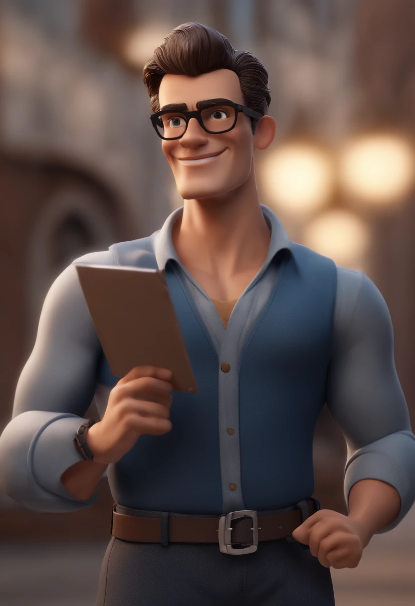 Cartoon character of two men with black glasses, cabelo ruivo baixo quase careca e uma camisa azul e o outro cara com cabelo castanho curtinho e blusa preta, animation character, Caractere estilizado, animation style rendering, 3D estilizado, Arnold Maya render, 3 d render stylized, toon render keyshot, Personagem 3D, Personagem 3D, 3d rendering stylized, 3 d character render, personagem de desenho animado, Personagem de close up, Pose de personagem,  (Estilo Pixar) (master part:1.2) (Bokeh) (best quality) (pele detalhada) (textura detalhada) (8k) (argila) (Cinematic lighting) (foco nítido