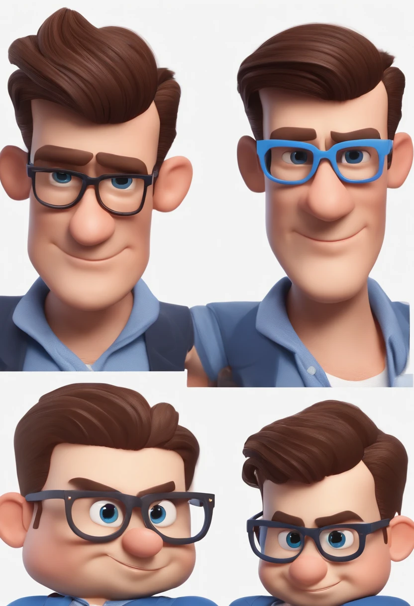 Cartoon character of two men with black glasses, cabelo ruivo baixo quase careca e uma camisa azul e o outro cara com cabelo castanho curtinho e blusa preta, animation character, Caractere estilizado, animation style rendering, 3D estilizado, Arnold Maya render, 3 d render stylized, toon render keyshot, Personagem 3D, Personagem 3D, 3d rendering stylized, 3 d character render, personagem de desenho animado, Personagem de close up, Pose de personagem, (Estilo Pixar) (master part:1.2) (Bokeh) (best quality) (pele detalhada) (textura detalhada) (8k) (argila) (Cinematic lighting) (foco nítido