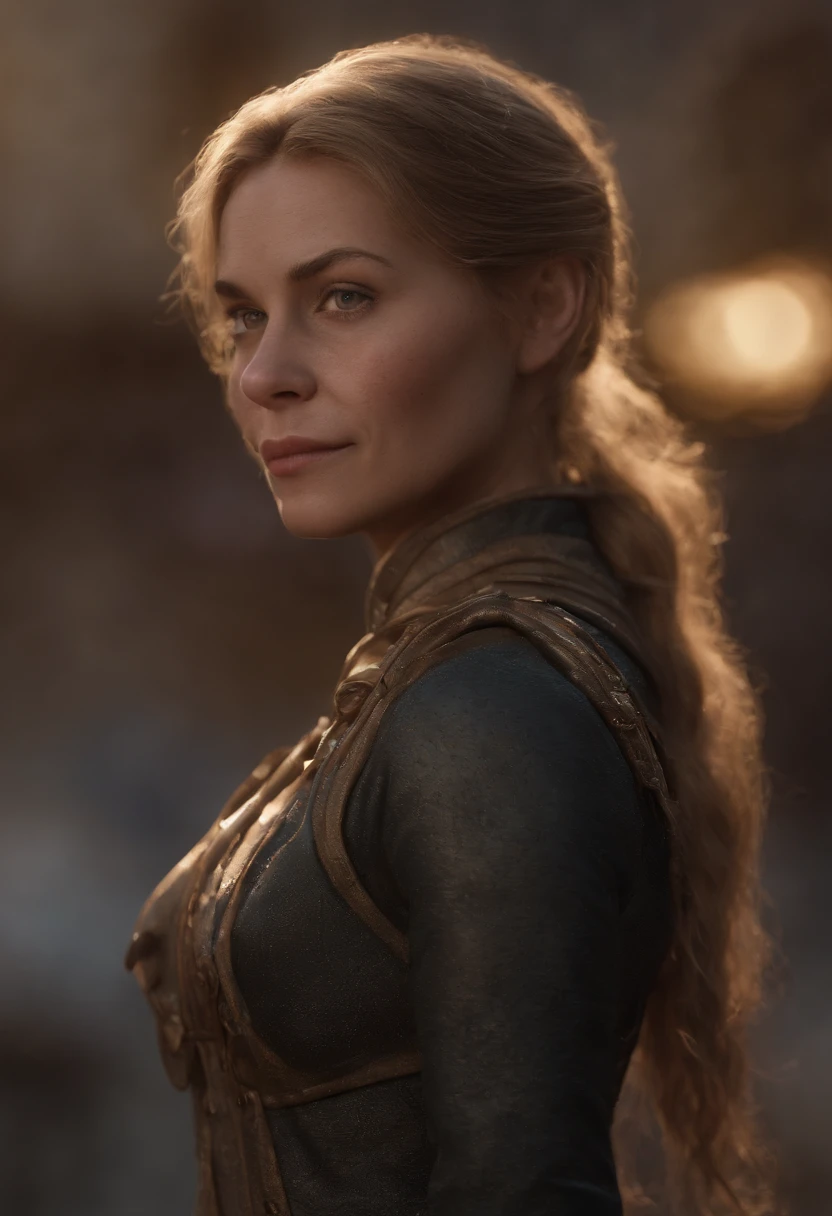Norse shieldmaiden, captivating tattoos, strength, resilience, Viking heritage, clothes, oil painting, detailed face and expression, warrior stance, intense gaze, intricate braided hair, battle scars, leather armor, fur cape, rugged landscape, dramatic lighting, vibrant colors